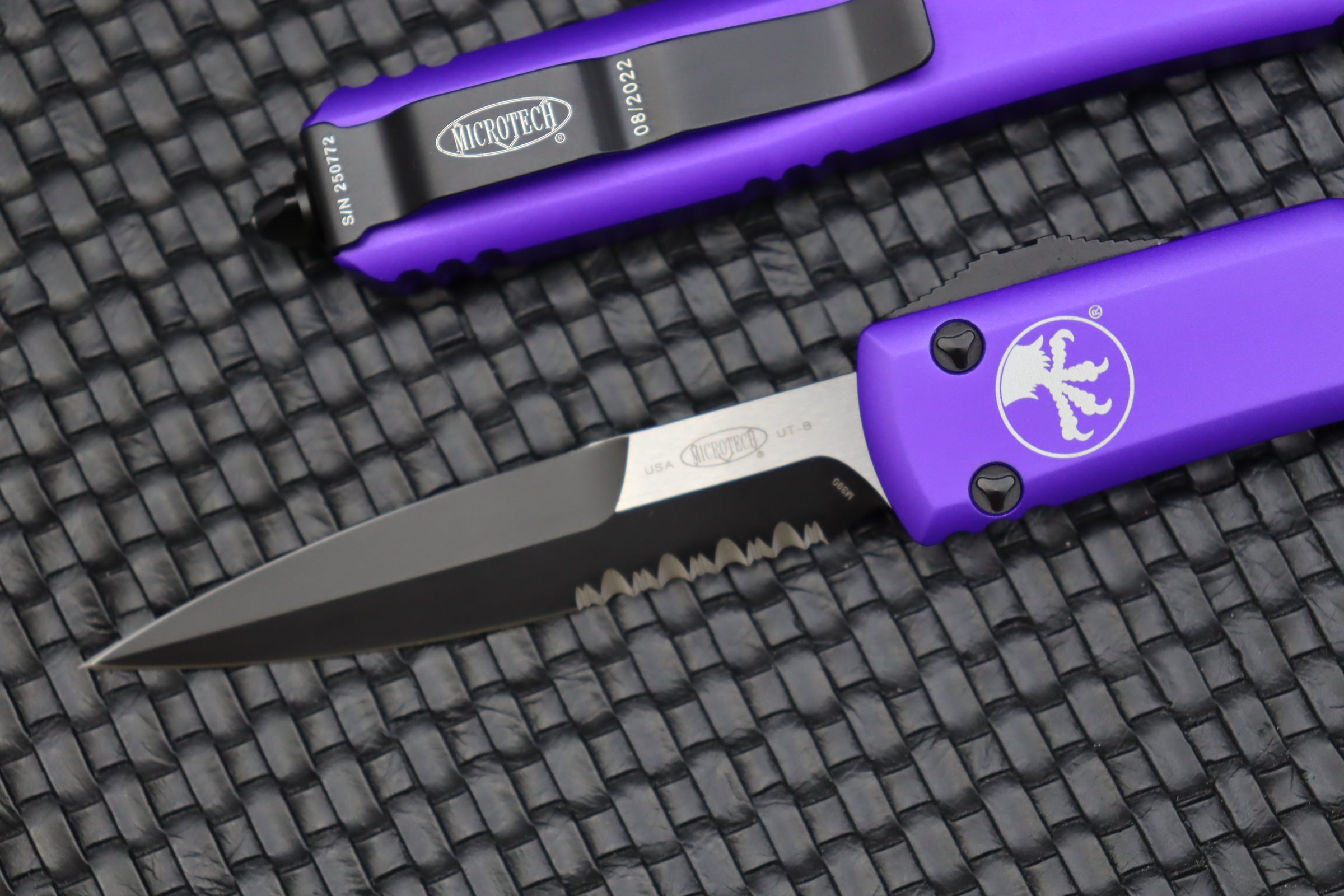 Premium Microtech Ultratech Bayonet Knife - Partial Serrated Blade & Purple Finish