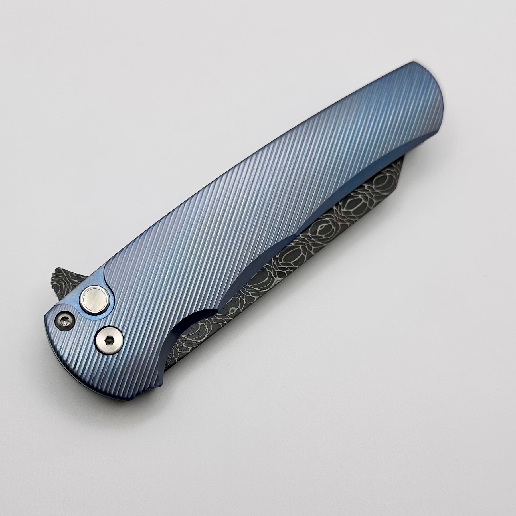 Pro-Tech Malibu Ultimate Custom Knife: Blue Titanium Handle with Pearl Button & Vegas Forge Damascus Blade