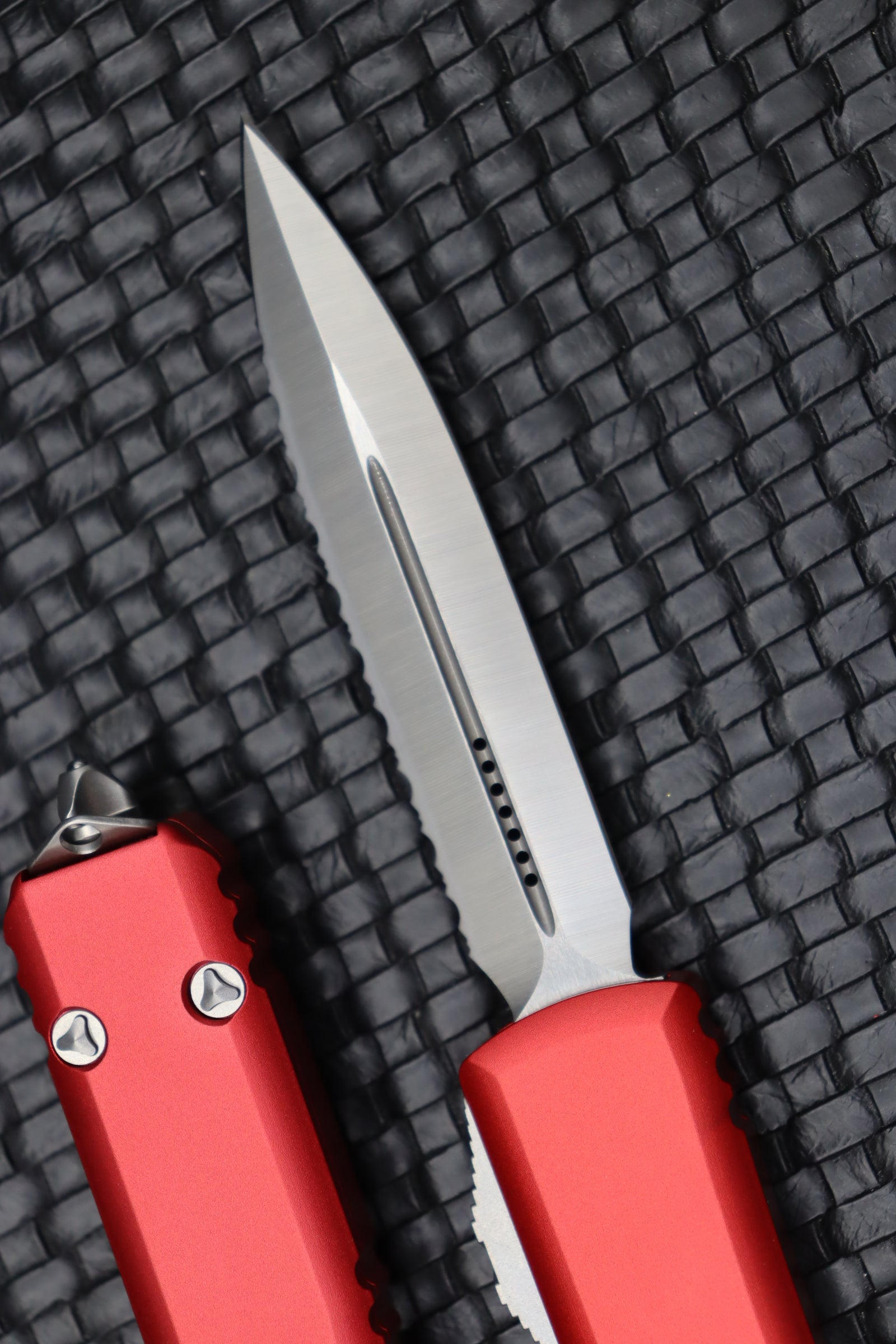 Microtech Ultratech Premium OTF Knife - Double Edge Satin Full Serrated with Red Handle