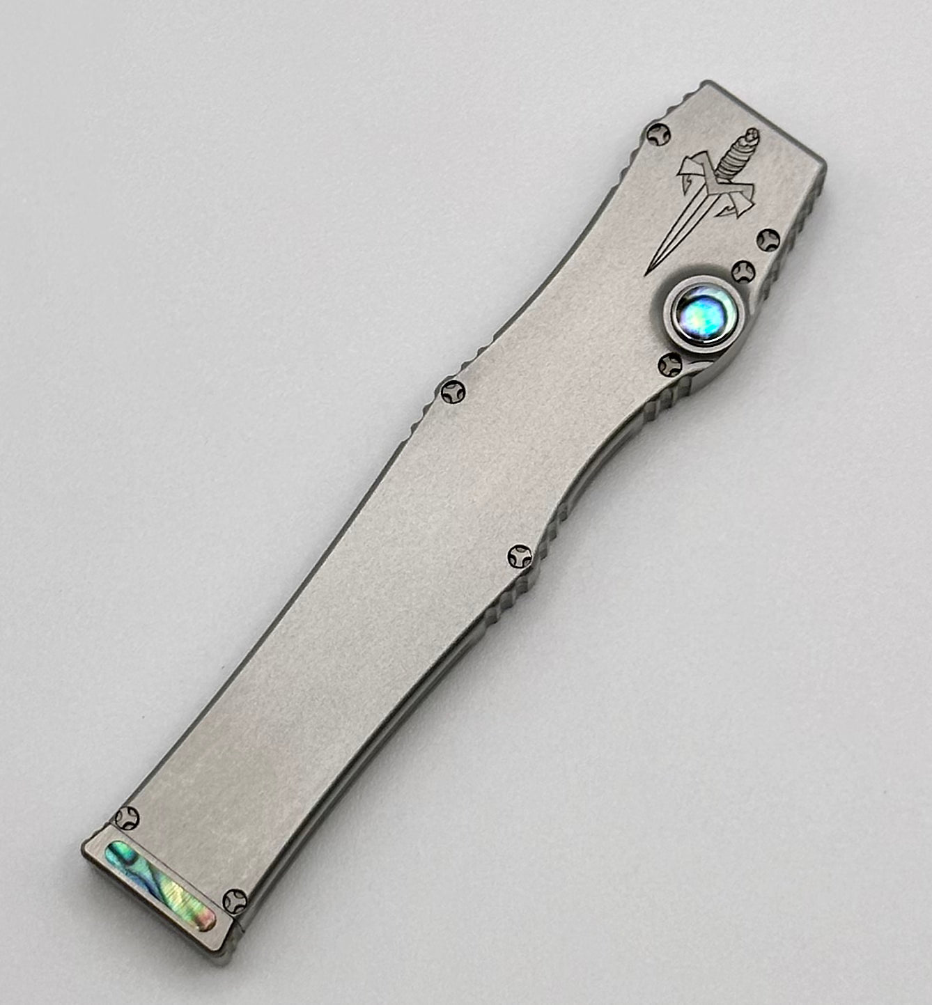 Premium Marfione Custom Halo III Mini Star Grind Mirror Polish Tanto Knife with Two-Tone Stainless Steel Handle & Abalone Inlays