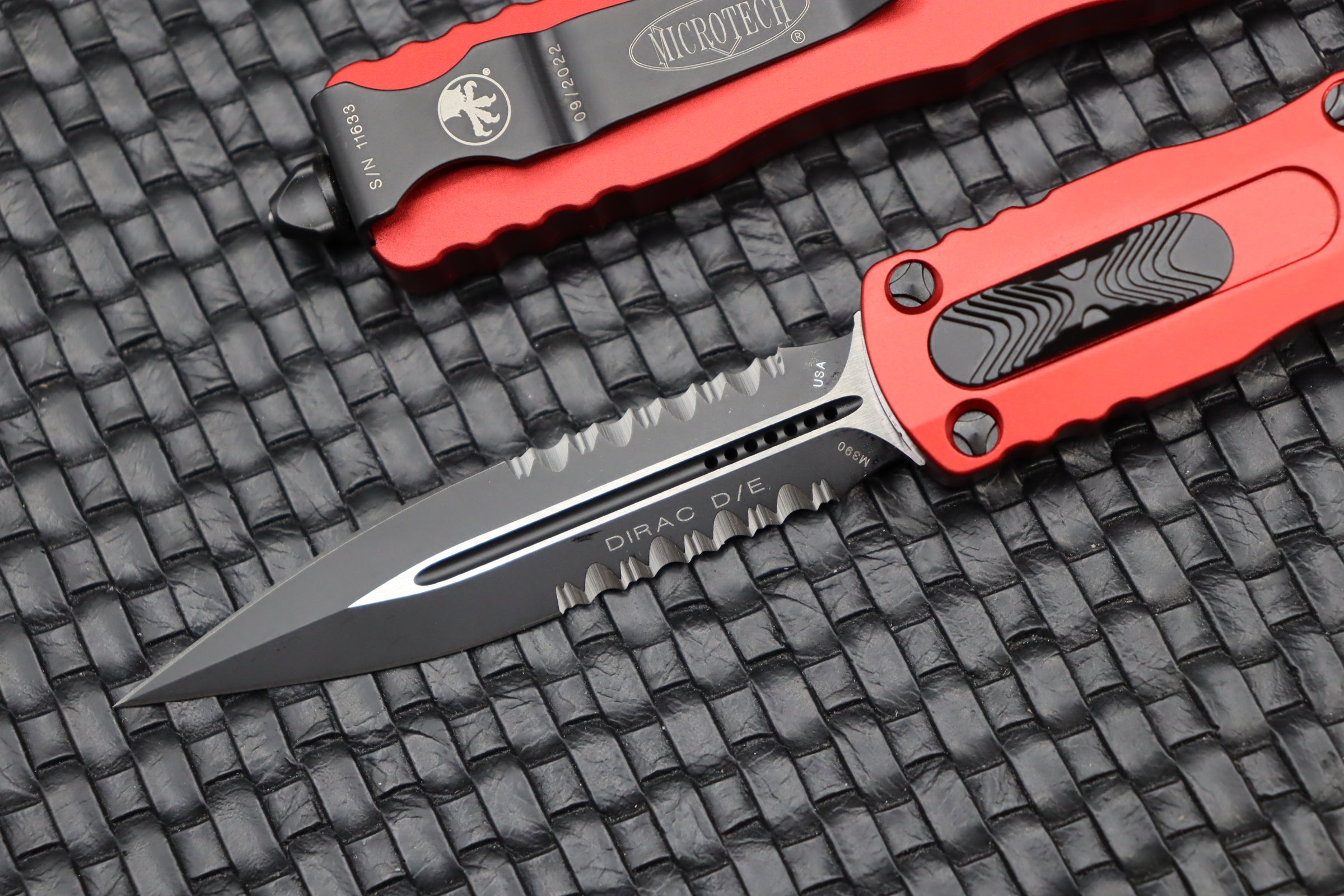 Premium Microtech Dirac D/E Partial Serrated Knife with Red Handle