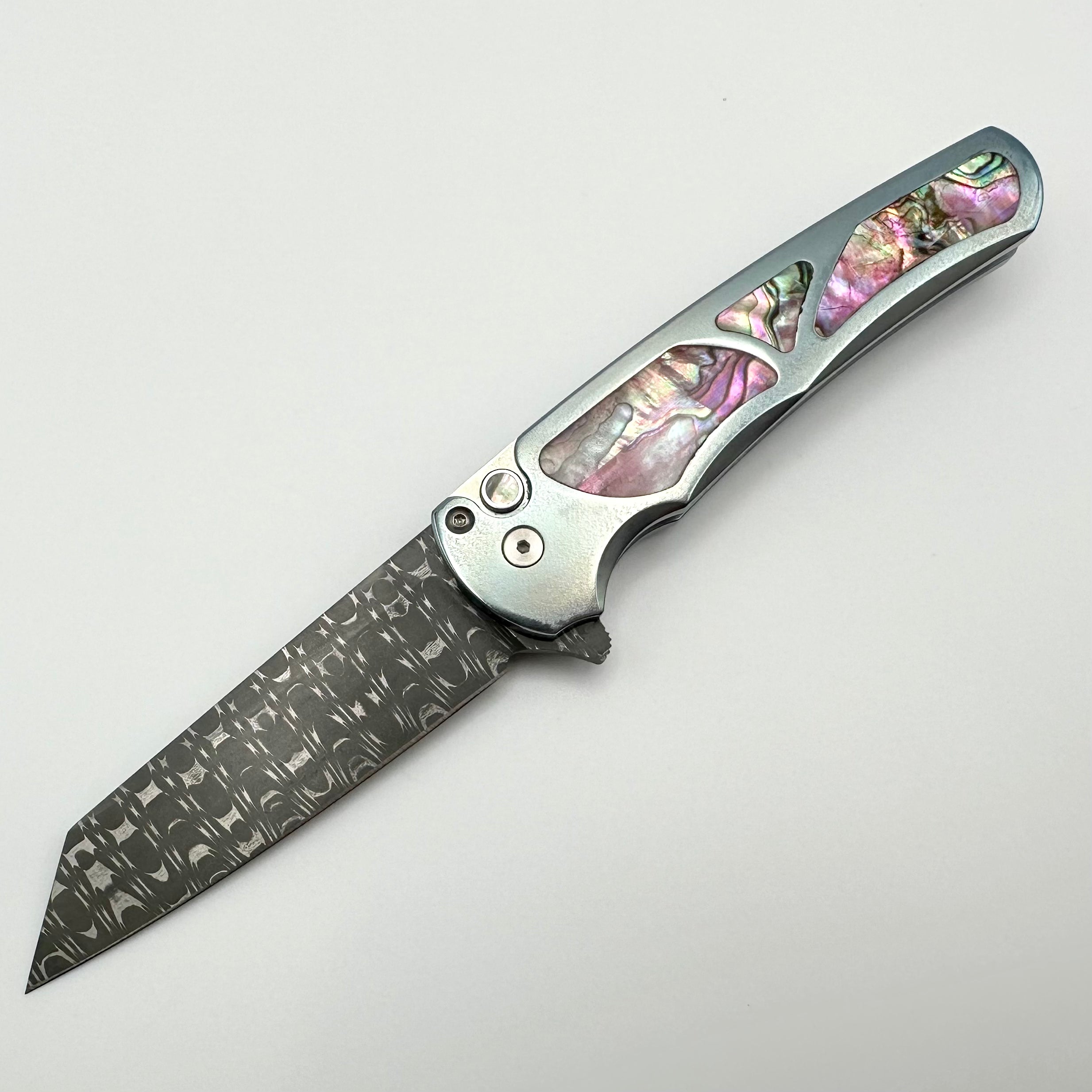 Pro-Tech Malibu Teal Titanium Handle with Abalone Inlays & Vegas Forge Razorwire Damascus Reverse Tanto Blade - 2023 Custom Edition