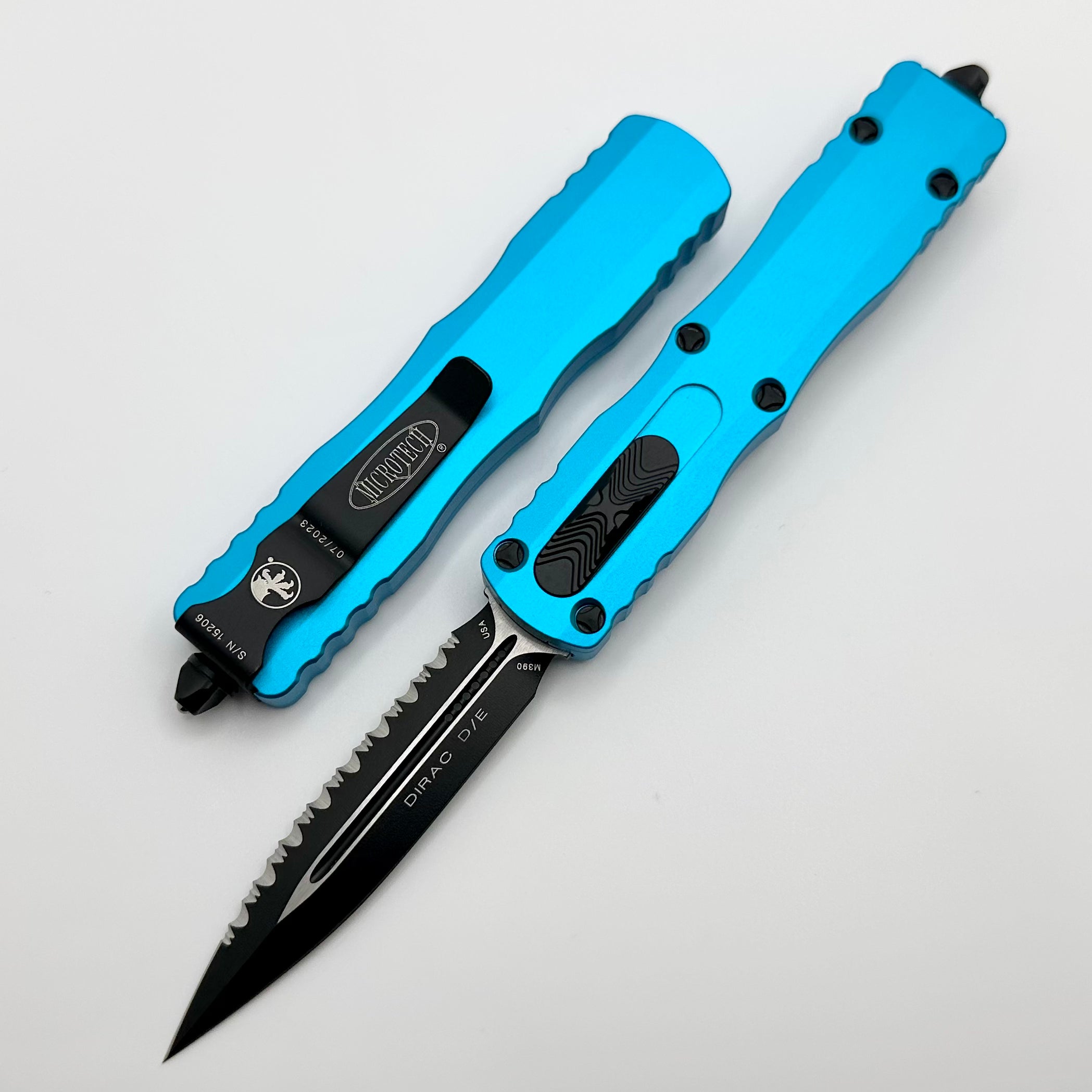 Microtech Dirac Ultimate Tactical Knife - Black Full Serrated & Turquoise