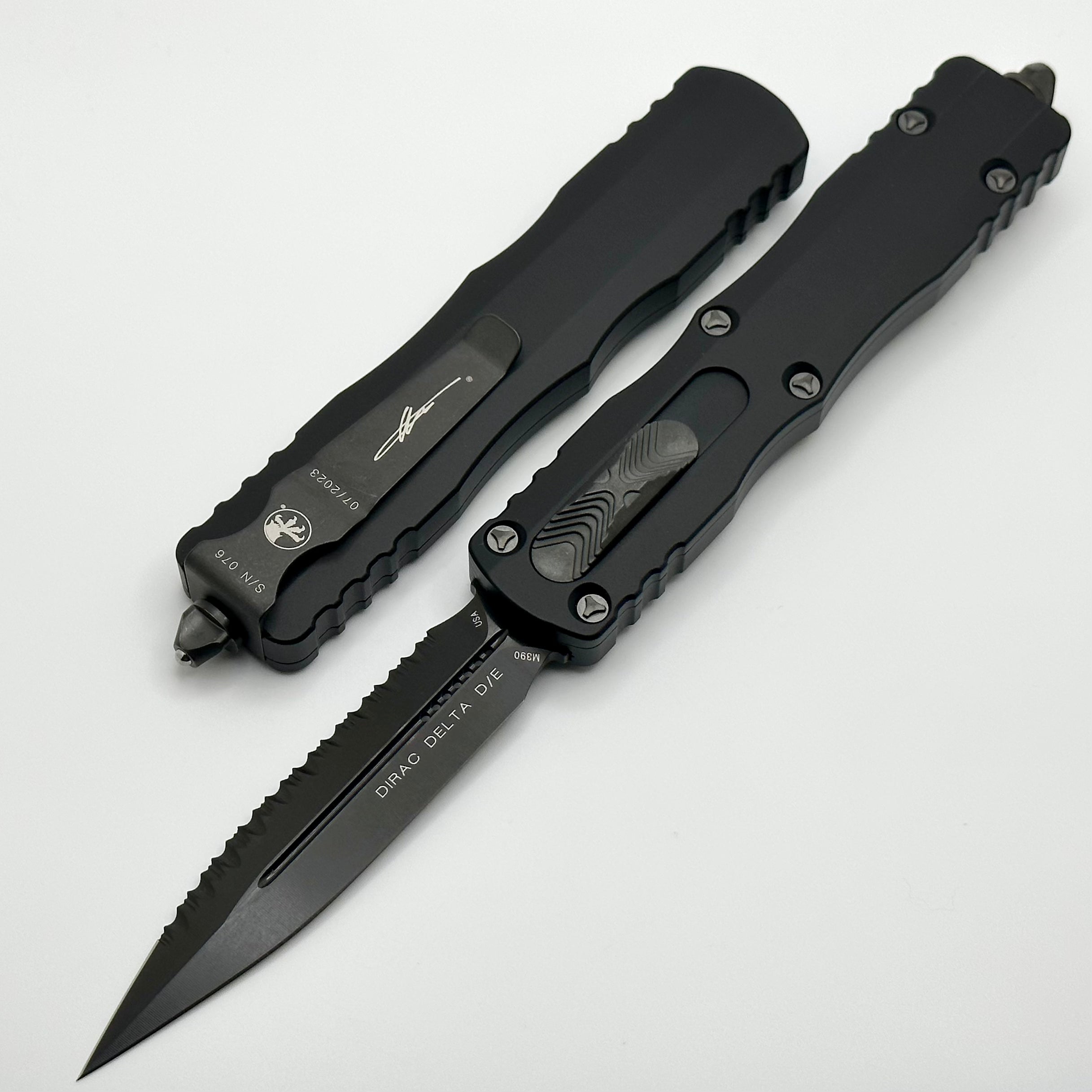 Microtech Dirac Delta Premium OTF Knife - Double Edge DLC Fully Serrated Signature Series