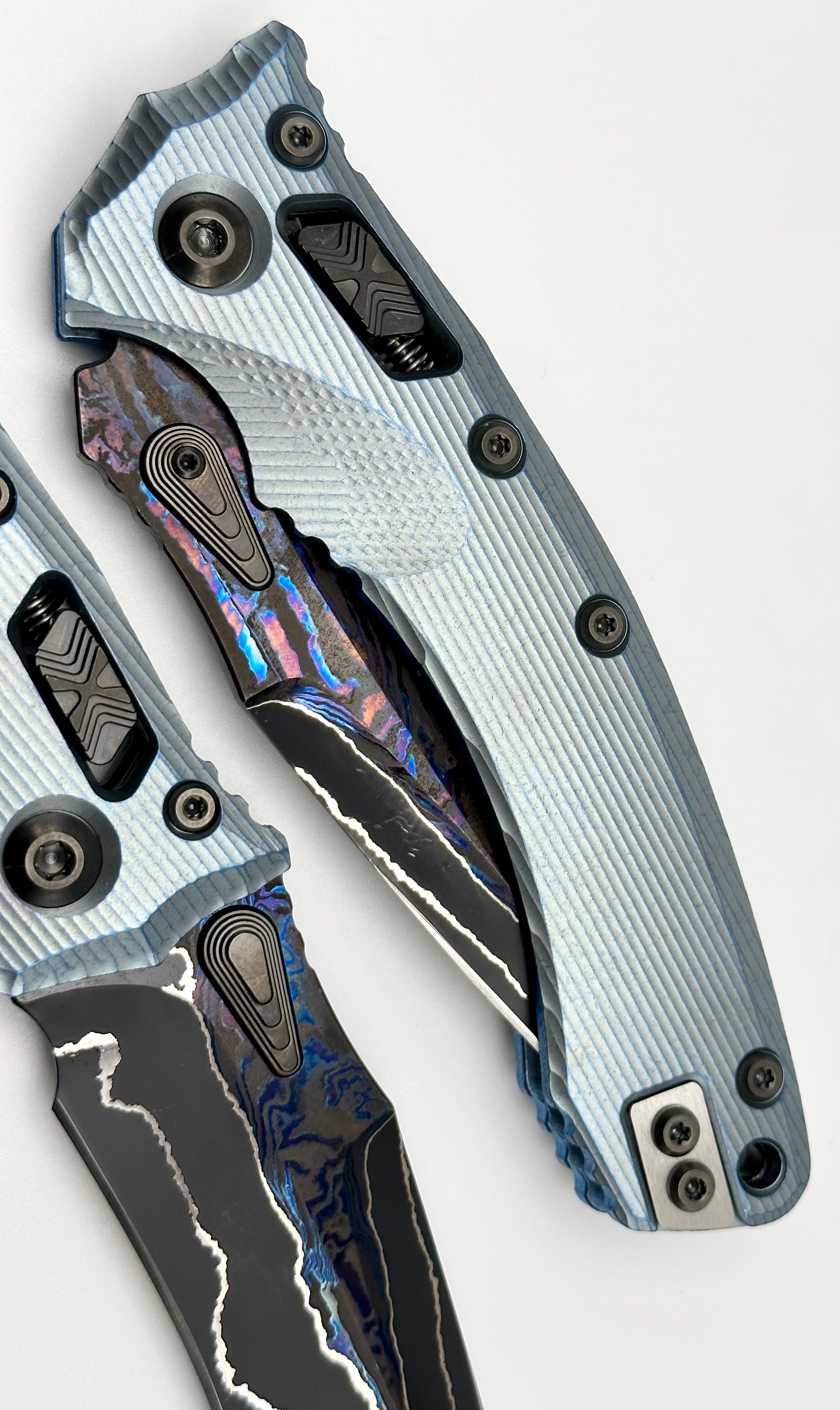 Premium Marfione Custom Knives Amphibian RAM-LOK: Limited Edition Broken Anvil Damascus & Fluted Ice Blue Titanium