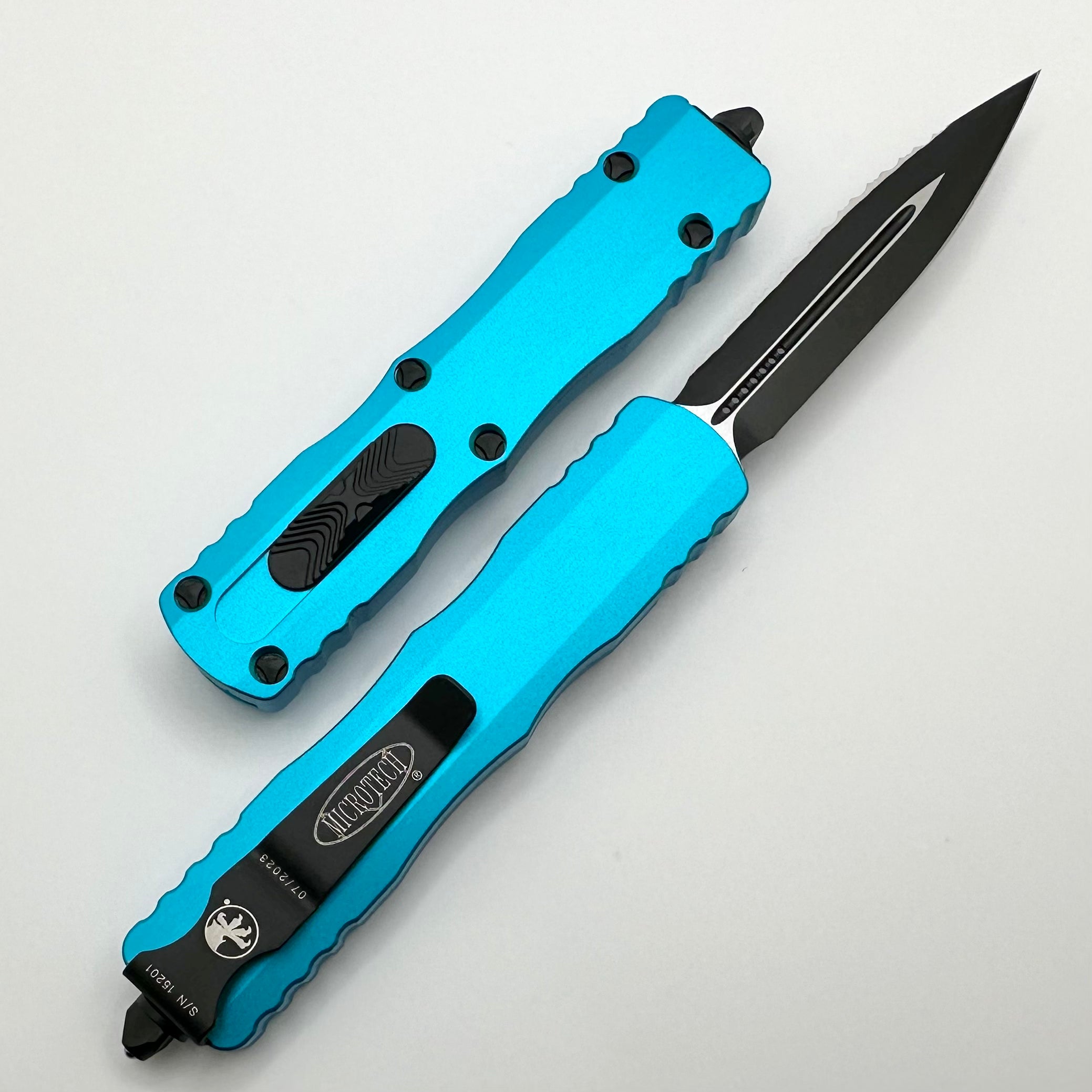 Microtech Dirac Ultimate Tactical Knife - Black Full Serrated & Turquoise