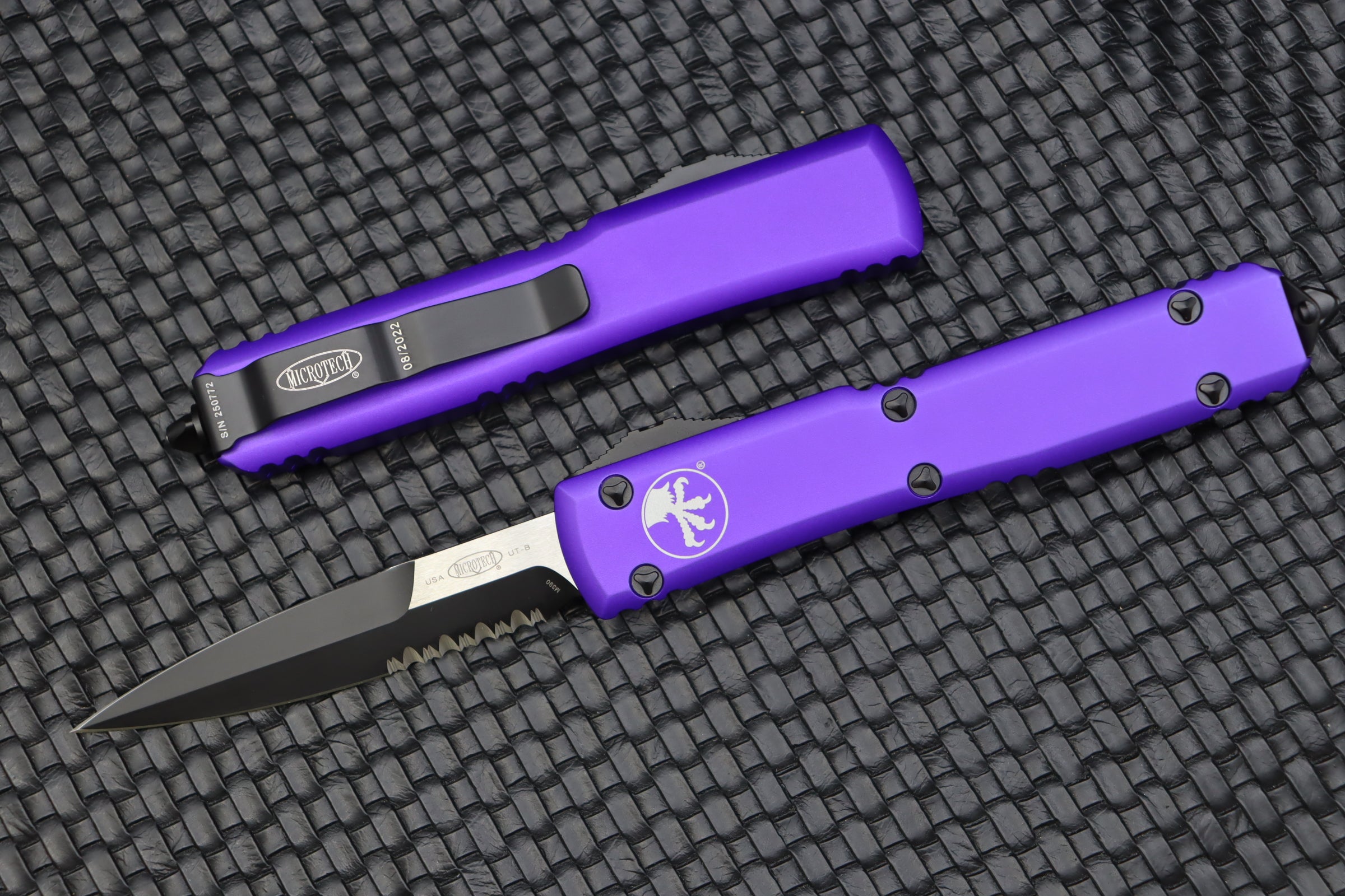 Premium Microtech Ultratech Bayonet Knife - Partial Serrated Blade & Purple Finish