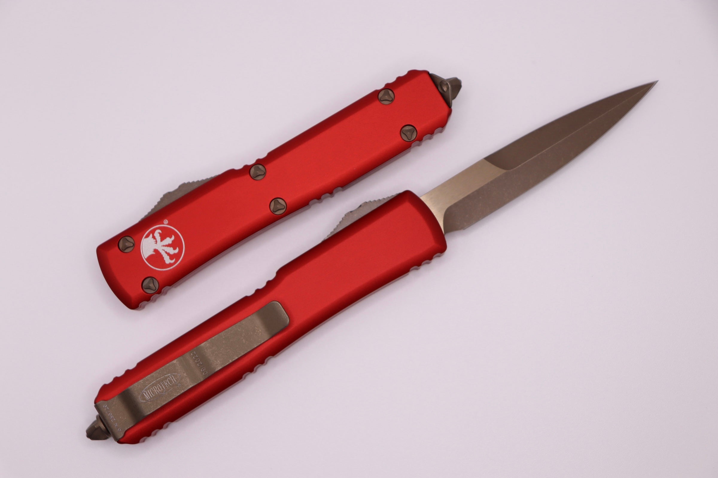 Premium Microtech Ultratech Bronze Apocalyptic OTF Knife with Red Accents