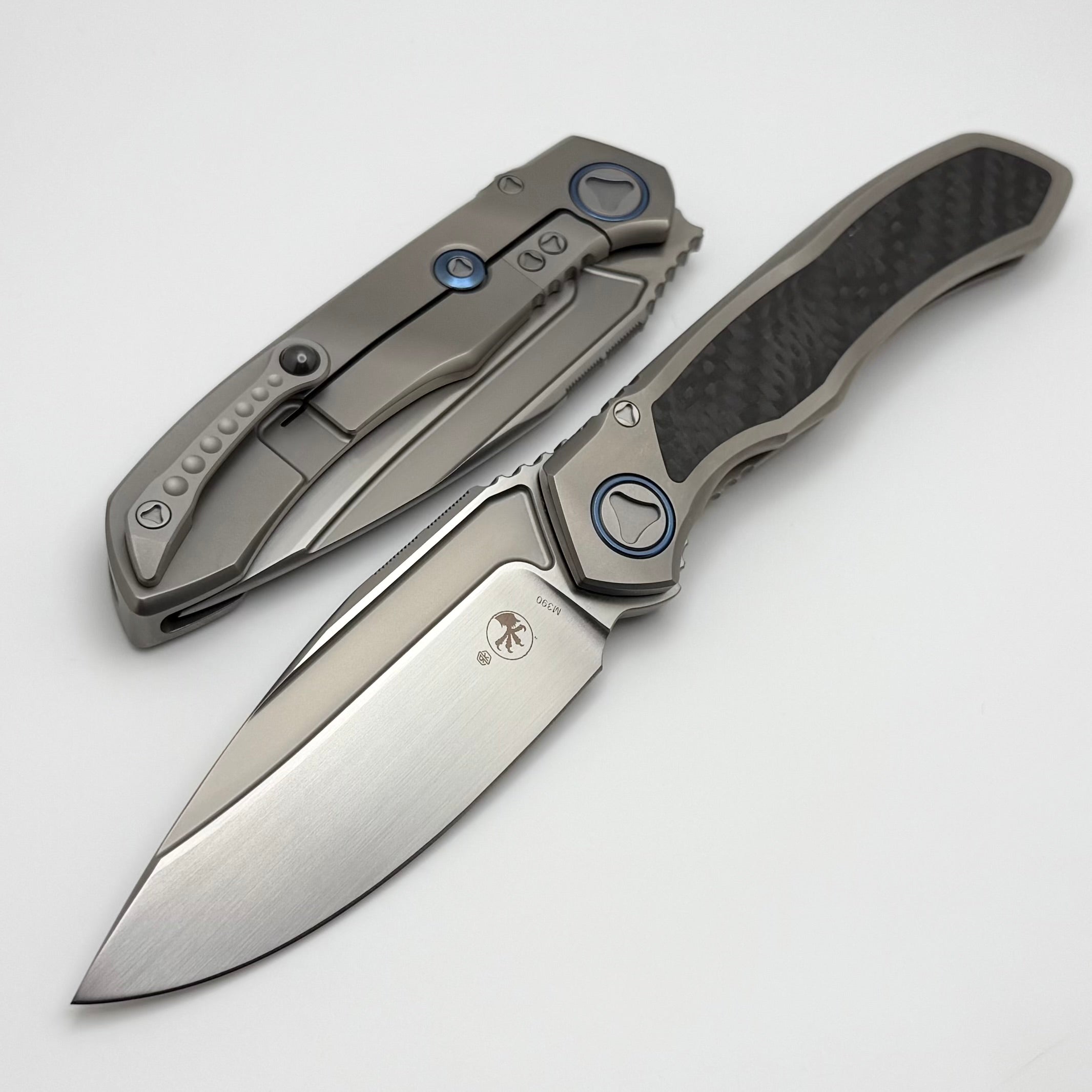 Premium Microtech ANAX Titanium Integral Knife with Carbon Fiber Inlay & Blue Titanium Accents