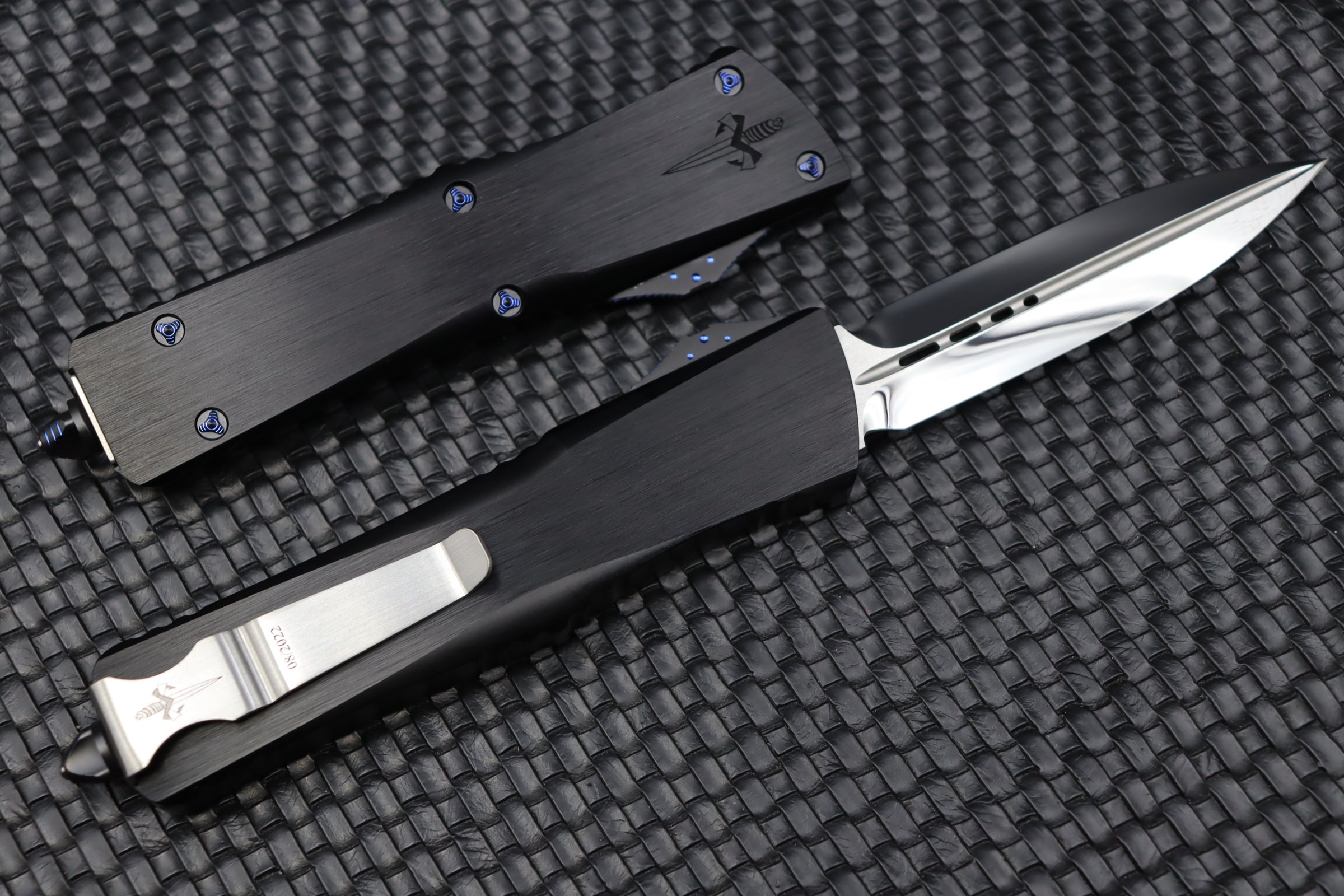 Premium Marfione Custom Combat Troodon Knife - Mirror Polish, Black Handle & Blue Ringed Hardware