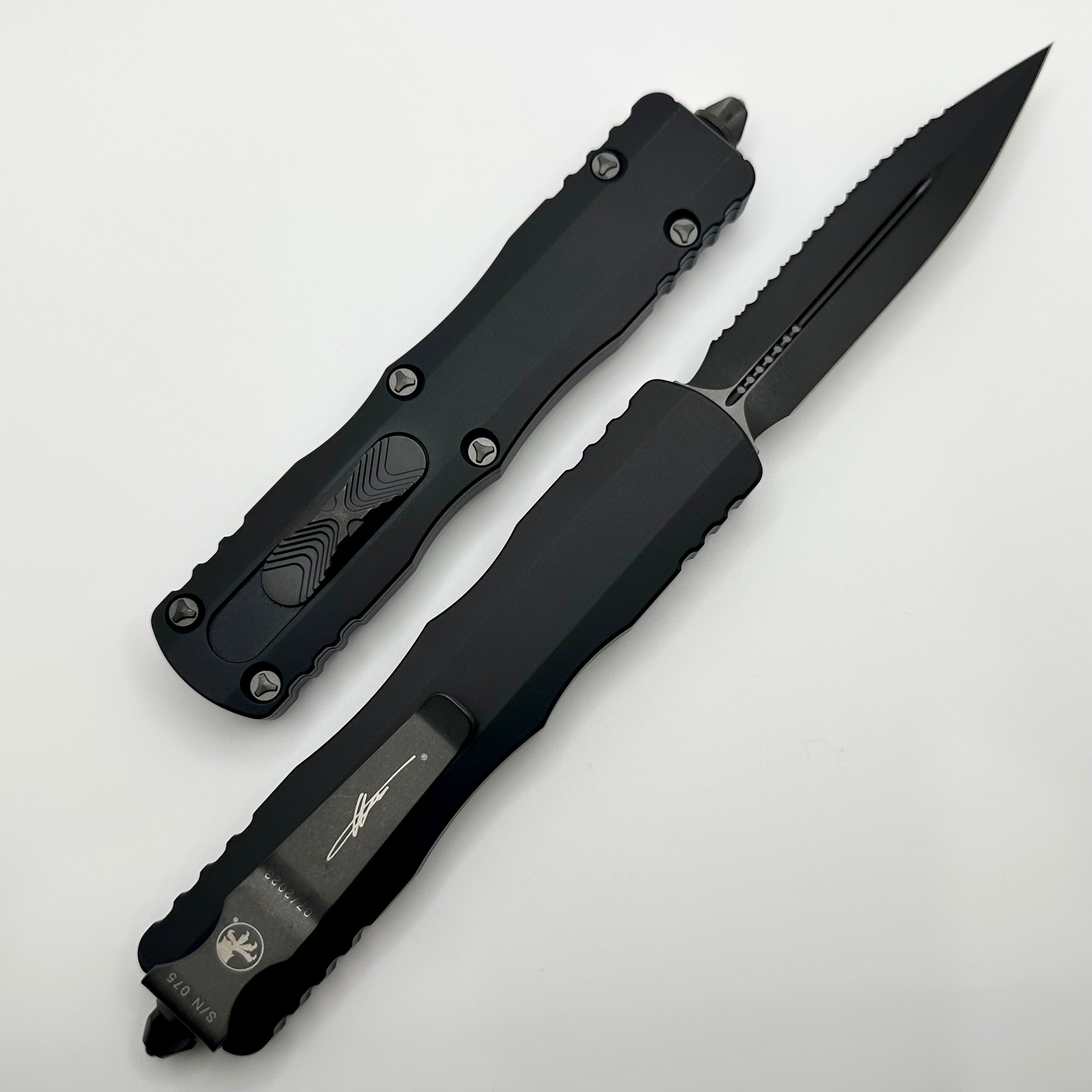 Microtech Dirac Delta Premium OTF Knife - Double Edge DLC Fully Serrated Signature Series