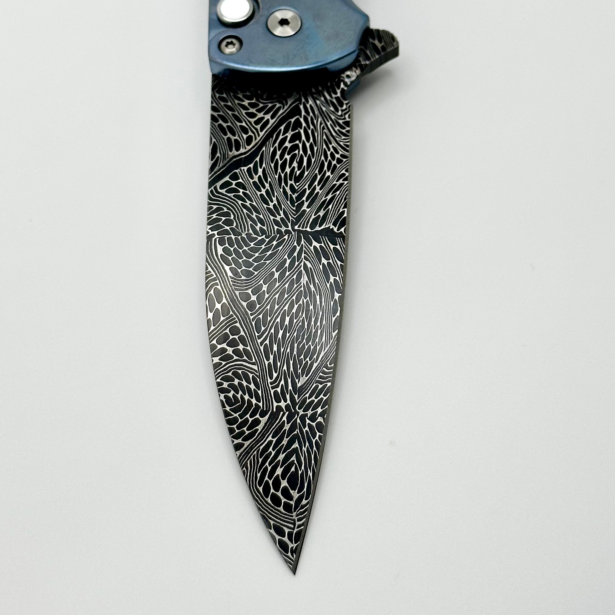 Pro-Tech Malibu Titanium Knife | Premium Blue Anodized Handle with Pearl Inlays & Chad Nichols Damascus Blade