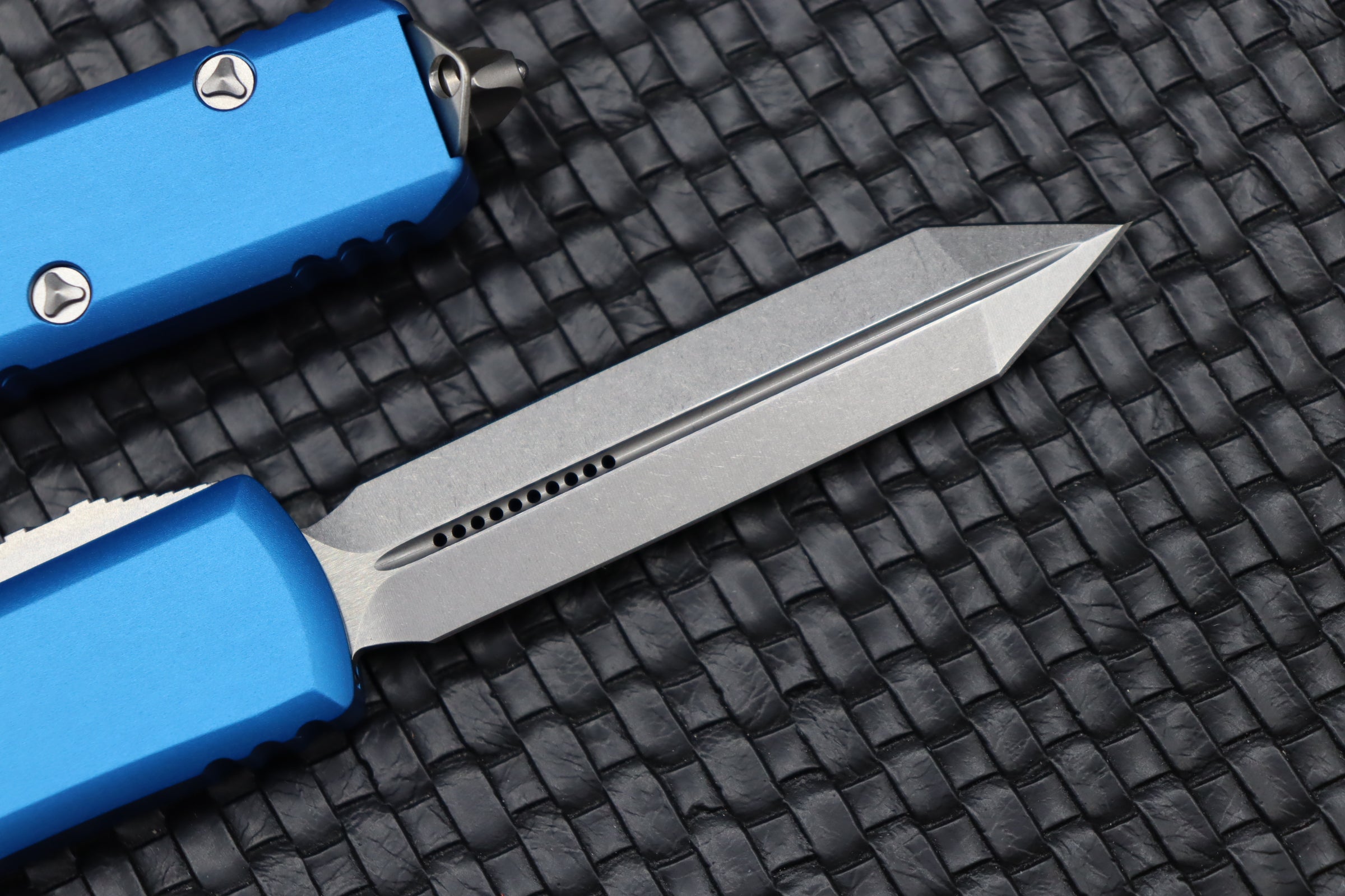 Microtech UTX-85 Spartan Stonewash EDC Knife - Premium M390 Blade & Blue Aluminum Handle