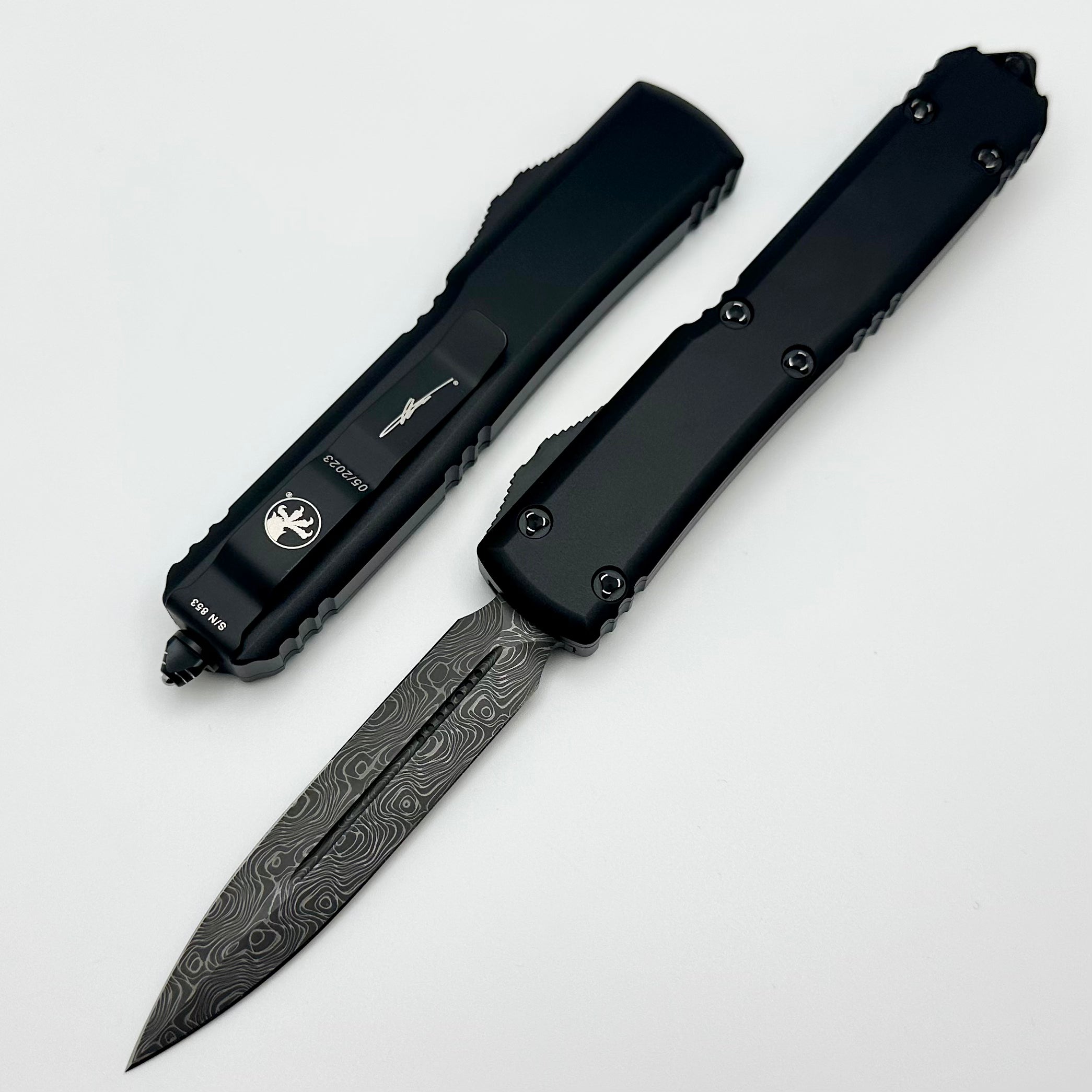 Premium Microtech Ultratech Damascus Double Edge Knife - Signature Series with Ringed Hardware