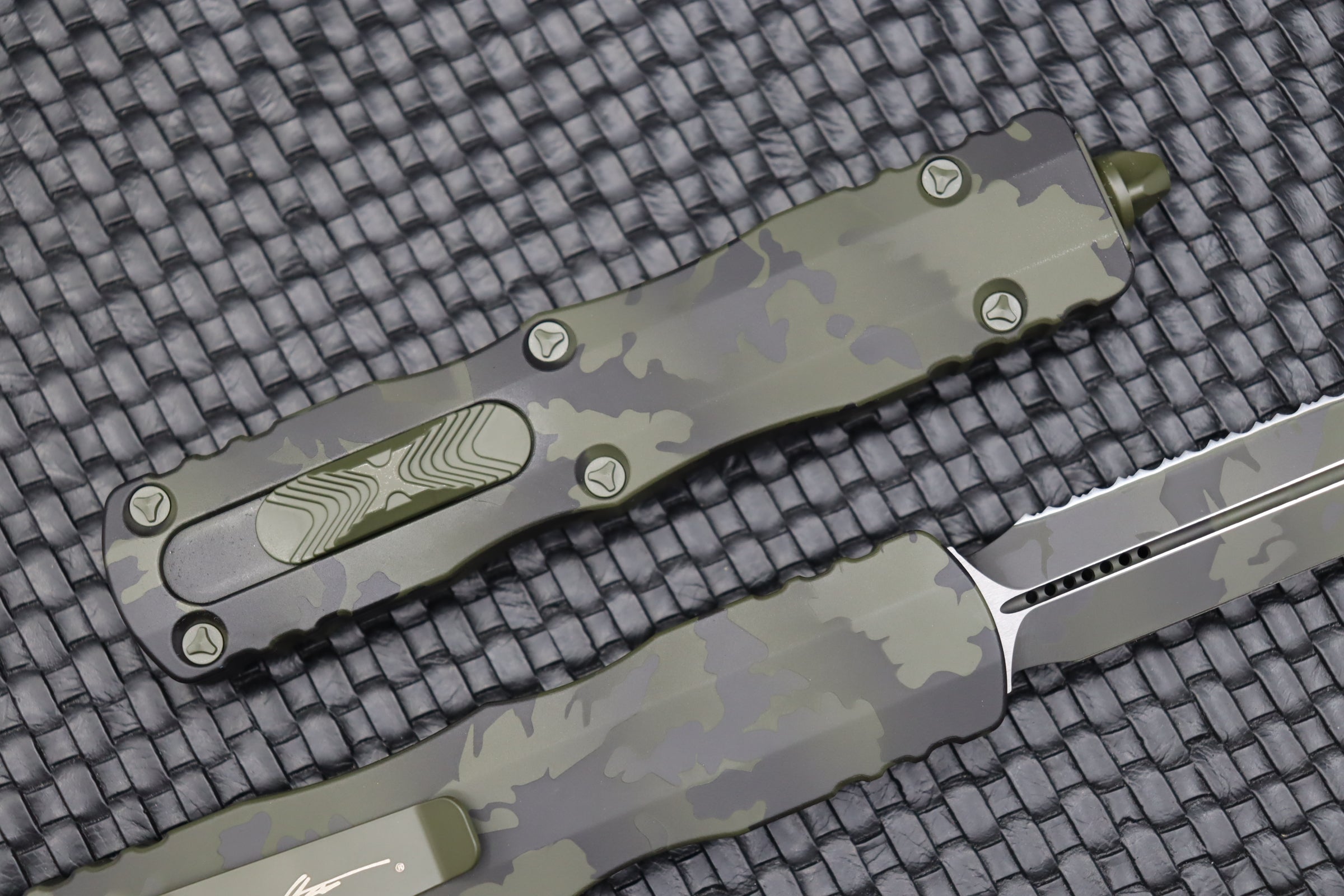 Microtech Dirac Delta Olive Camo Double Edge Fully Serrated Tactical Knife