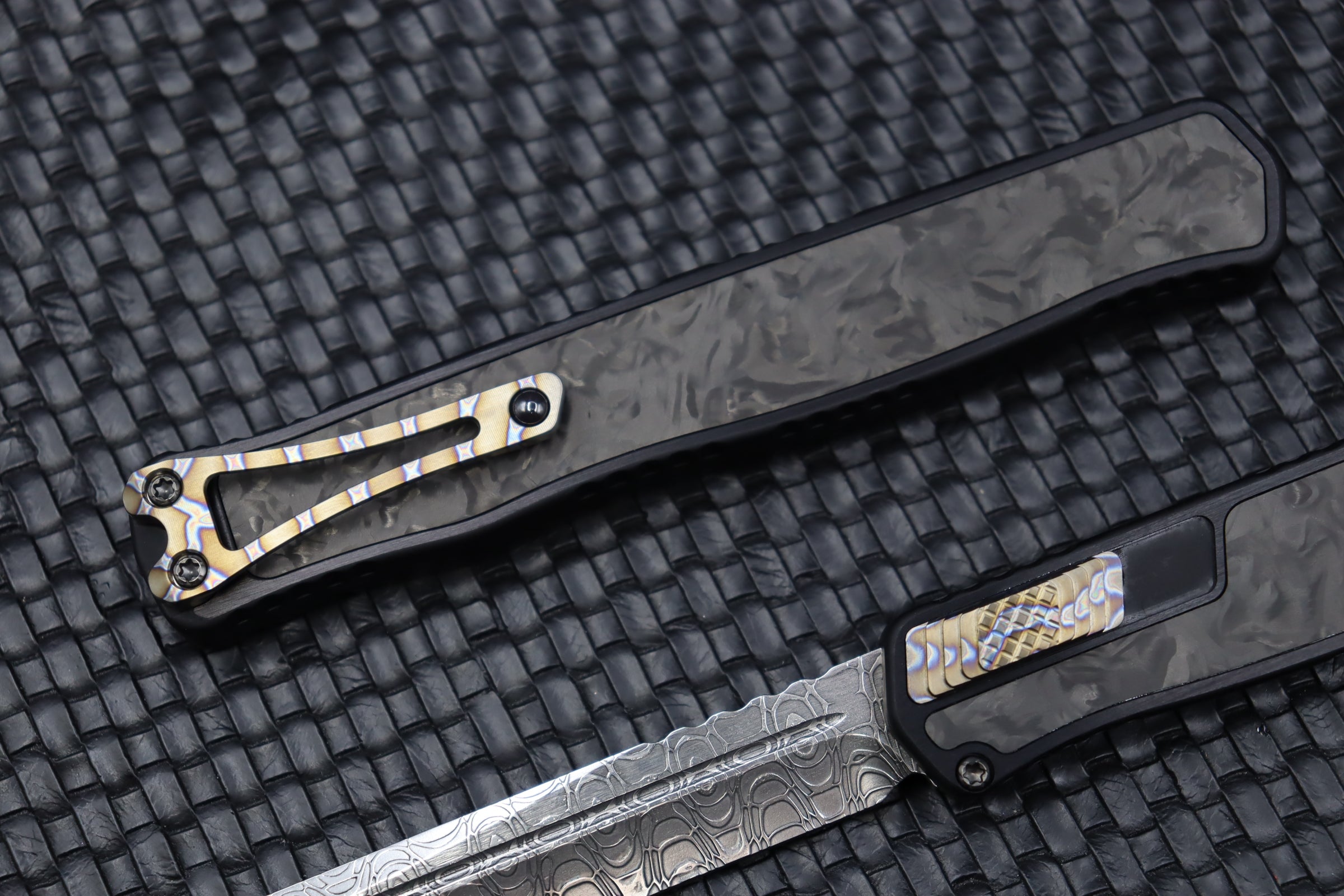 Premium Heretic Knives Cleric II: Ultimate Damascus Tanto with Marble Carbon Fiber Inlays & Flamed Accents