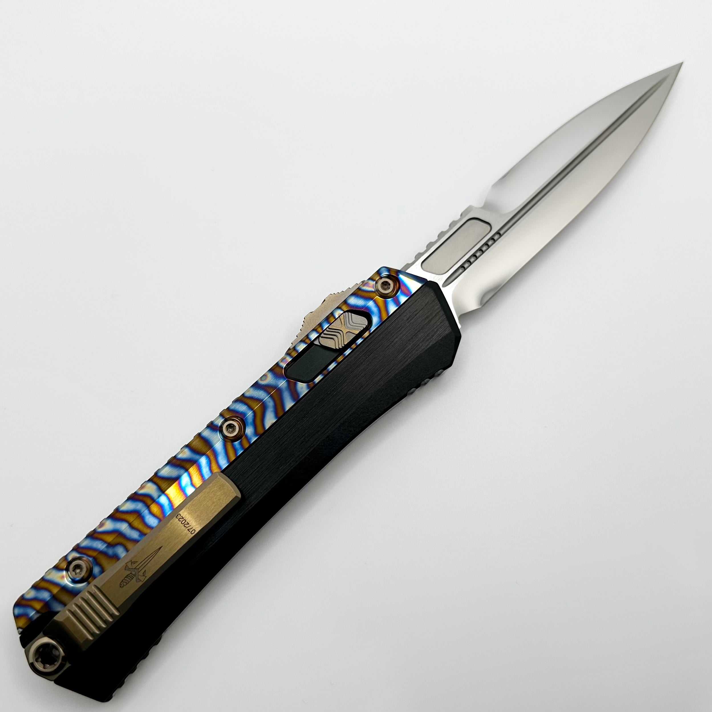 Premium Marfione Custom Glykon Knife - Mirror Polish with Black Aluminum Handle & Flamed Titanium Overlays