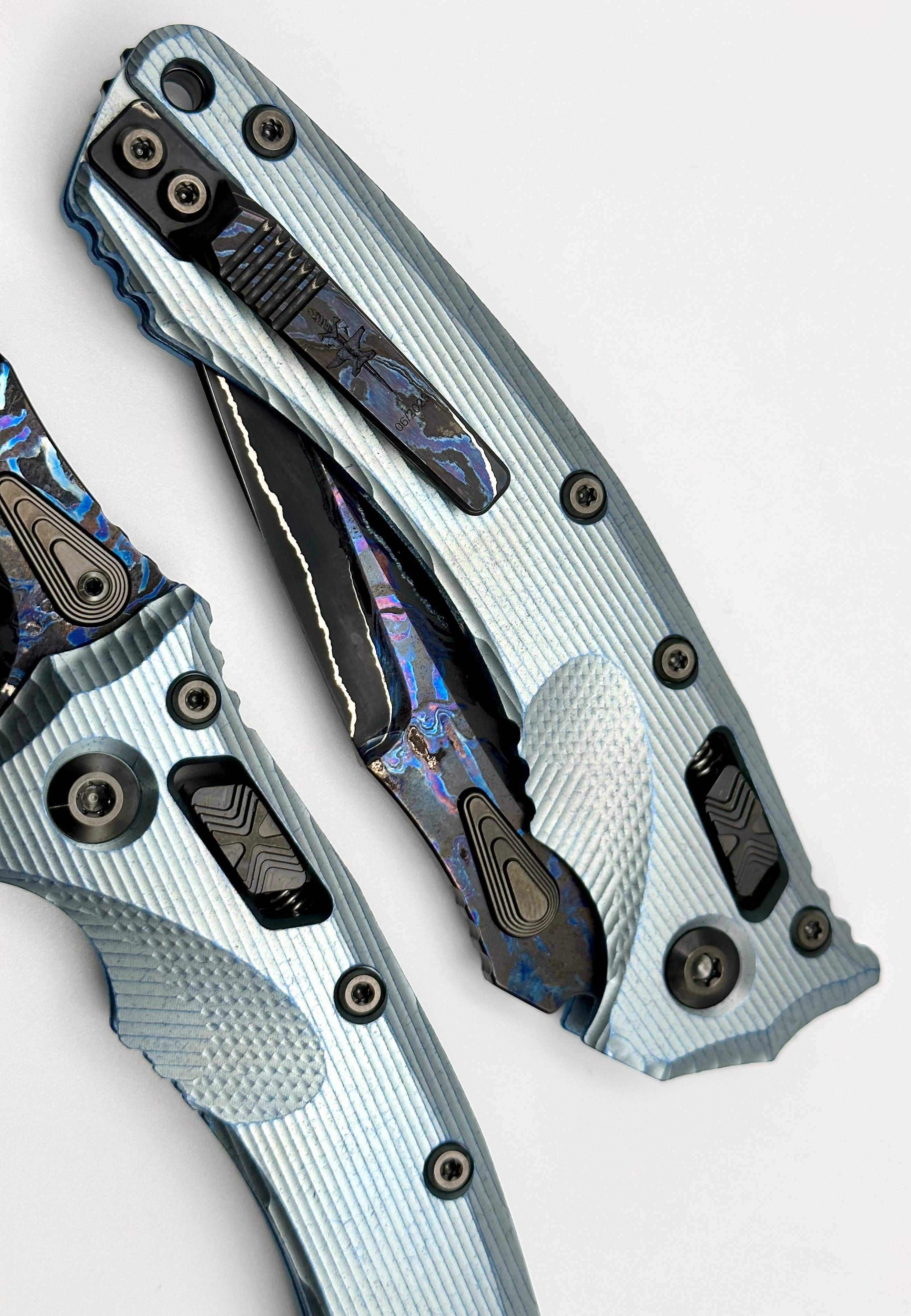 Premium Marfione Custom Knives Amphibian RAM-LOK: Limited Edition Broken Anvil Damascus & Fluted Ice Blue Titanium