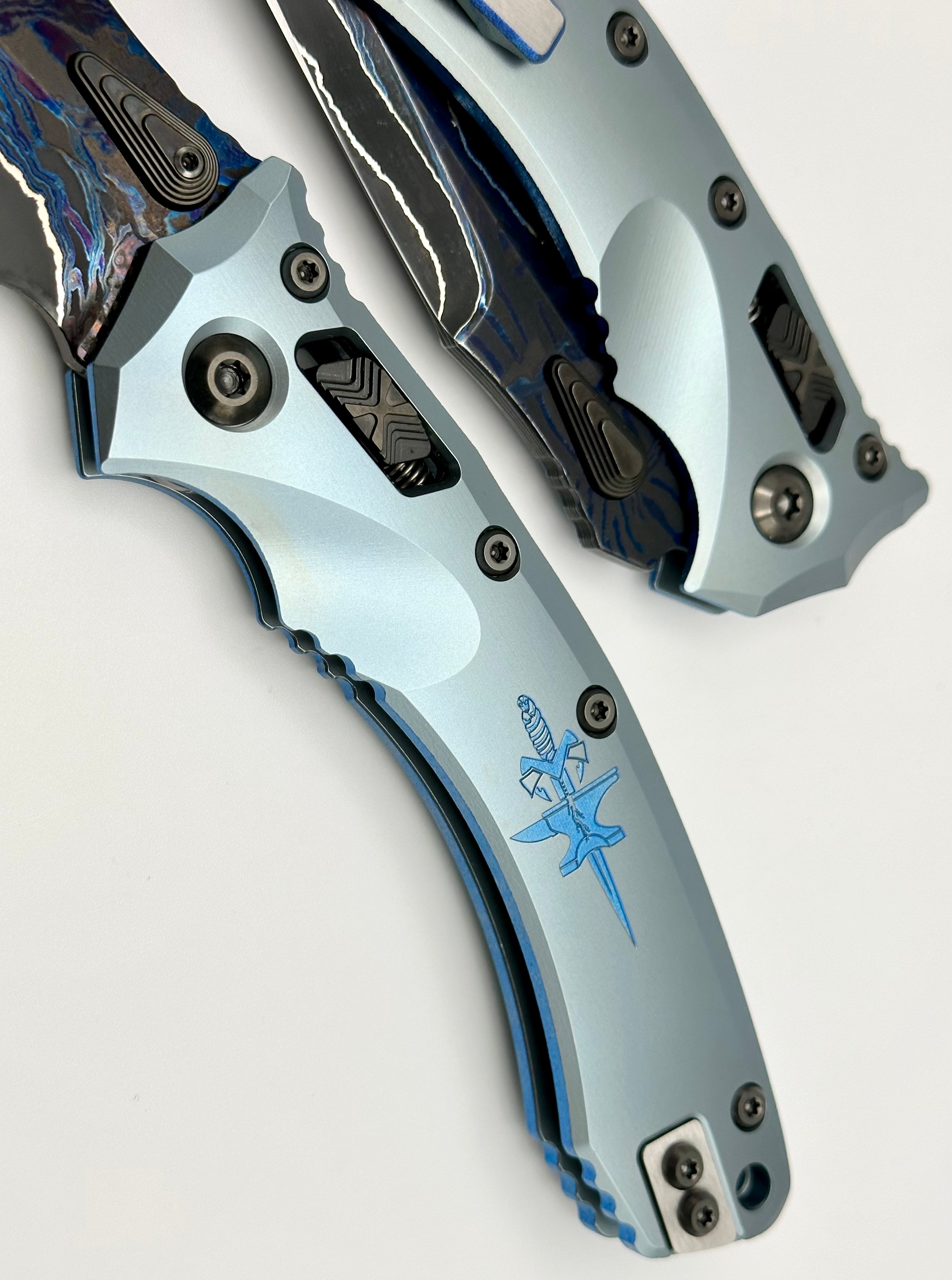 Marfione Custom Knives Amphibian RAM-LOK Metroid Broken Anvil Damascus & Ice Blue Stippled Titanium Dagger