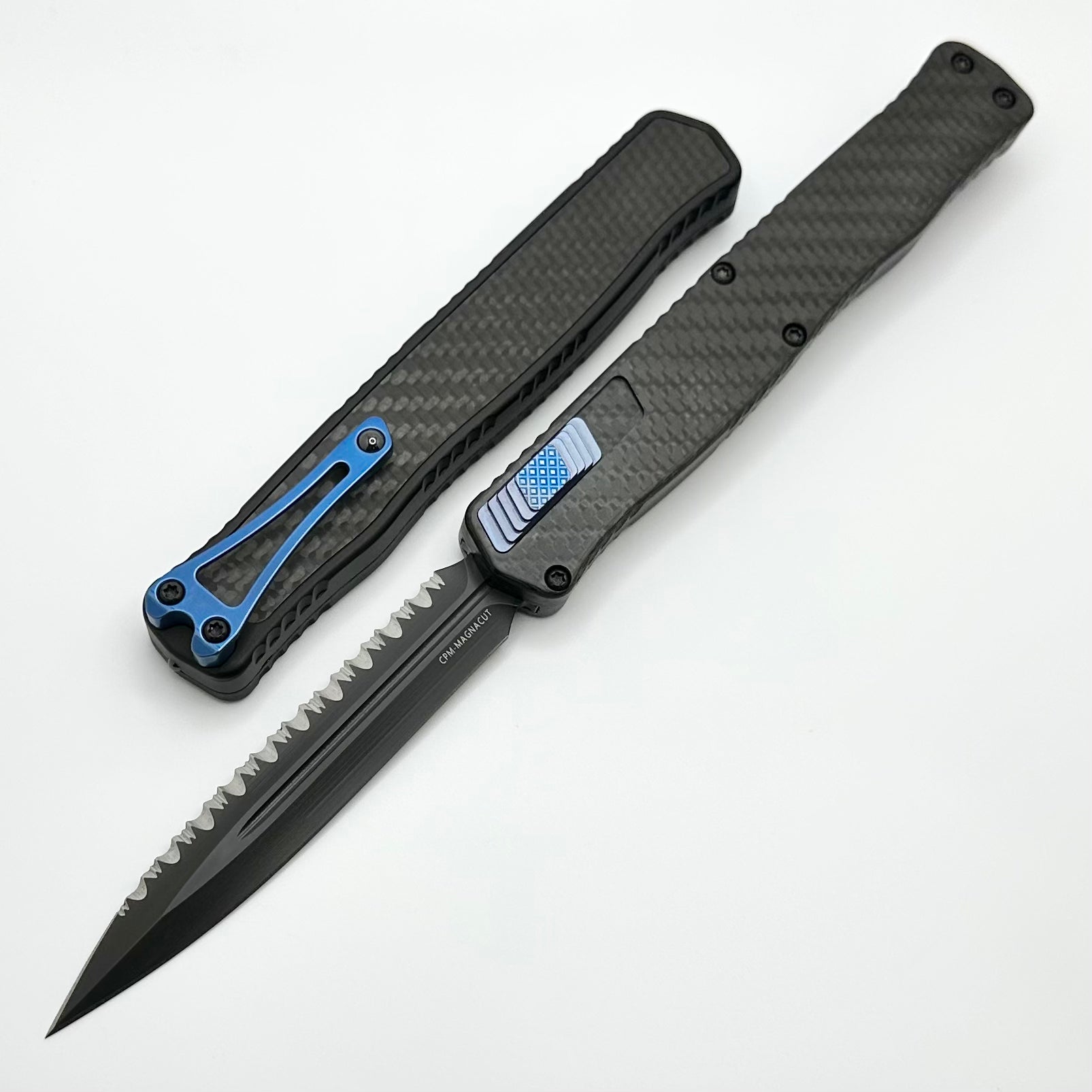 Heretic Knives Cleric II 2: Ultimate Carbon Fiber DLC Double Edge Knife with Blue Ti Accents