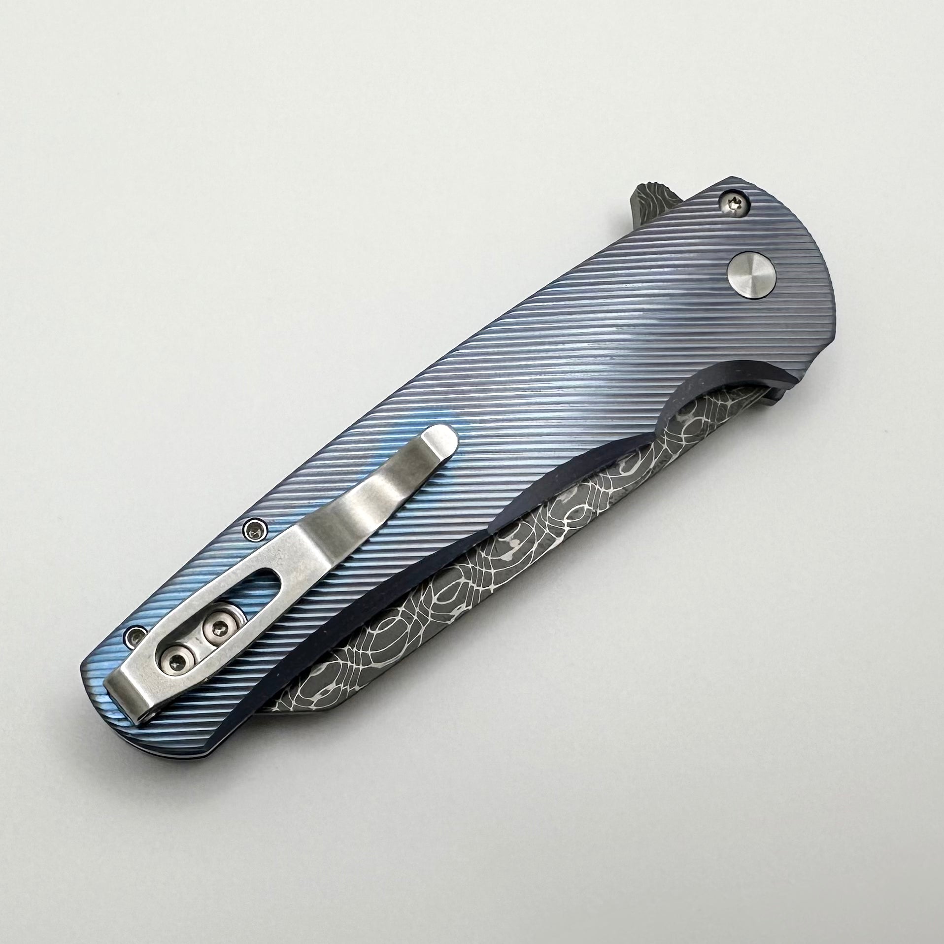 Pro-Tech Malibu Ultimate Custom Knife: Blue Titanium Handle with Pearl Button & Vegas Forge Damascus Blade