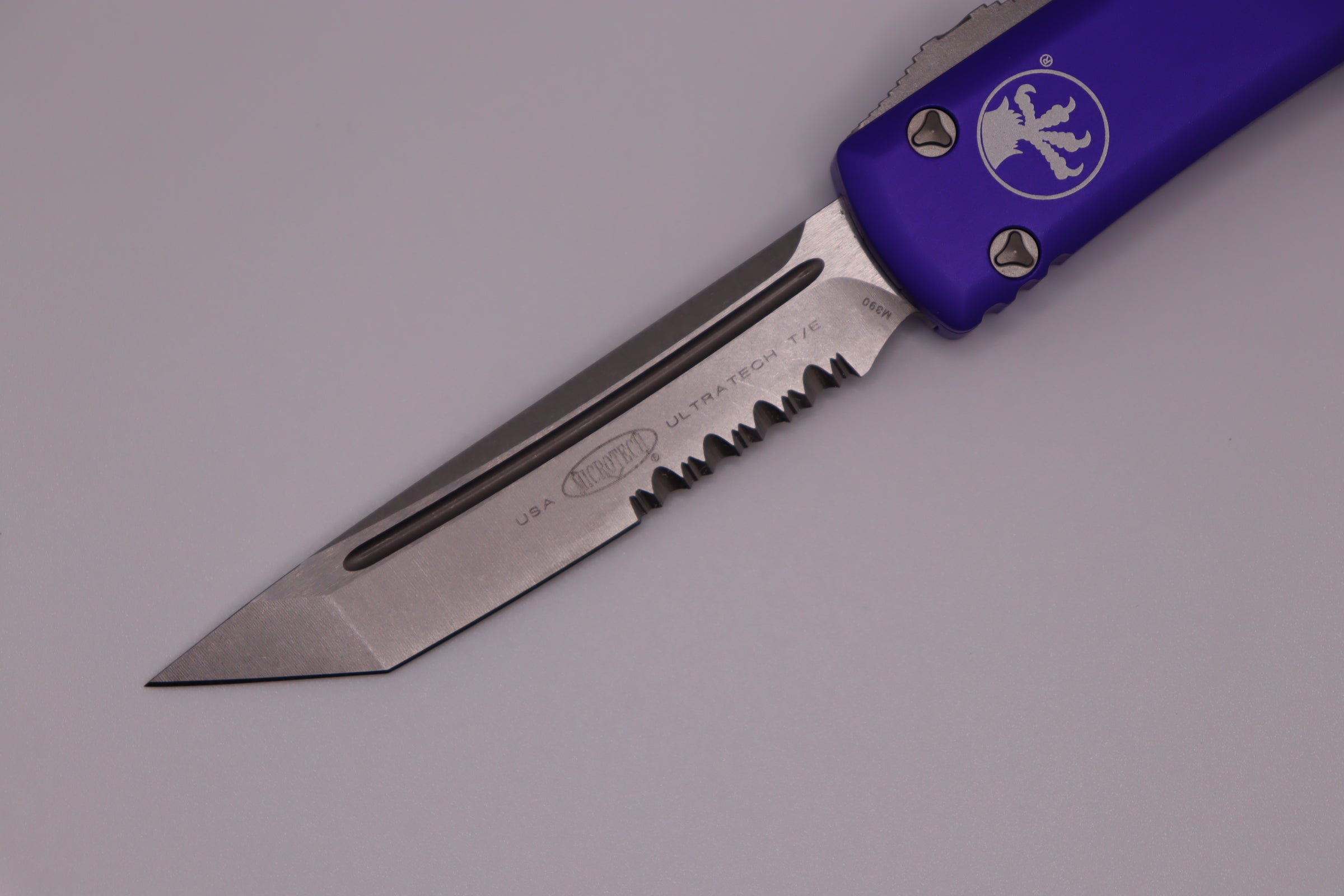 Premium Microtech Ultratech Tanto Knife - Stonewash Partial Serrated Blade & Purple Handle