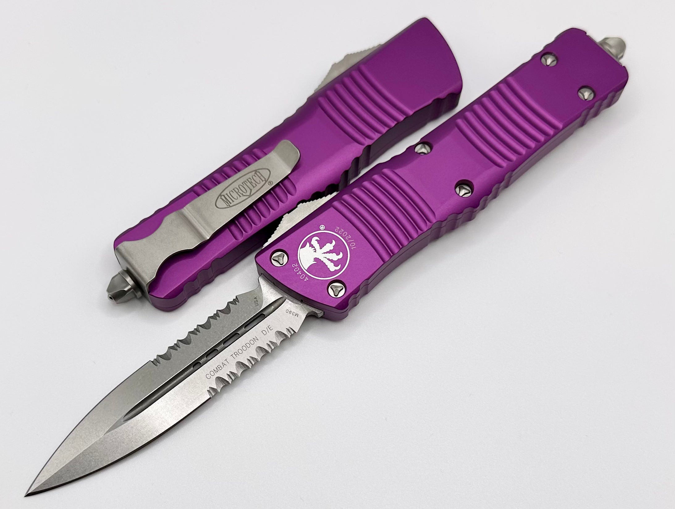Premium Microtech Combat Troodon Violet Tactical Knife - Double Edge Stonewash Partial Serrated