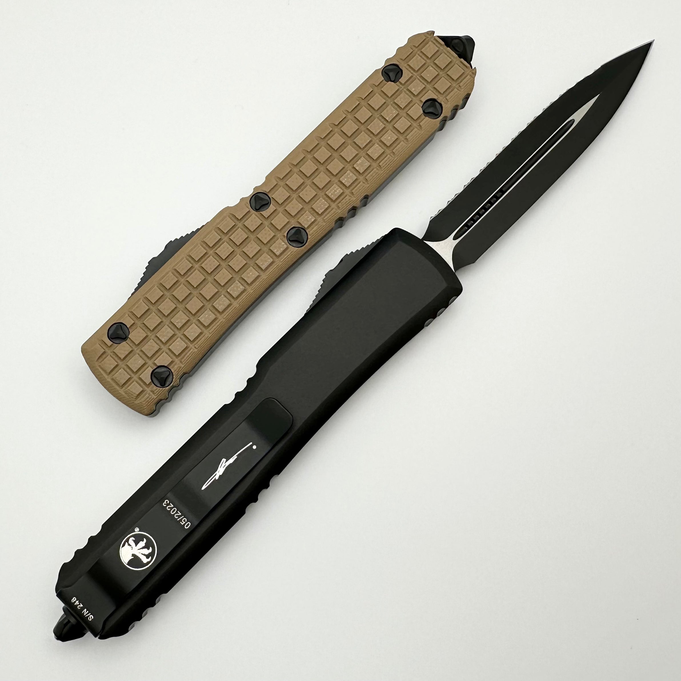 Microtech Ultratech Tactical Knife - Premium Tan G-10 Handle & Double Edge Serrated Blade