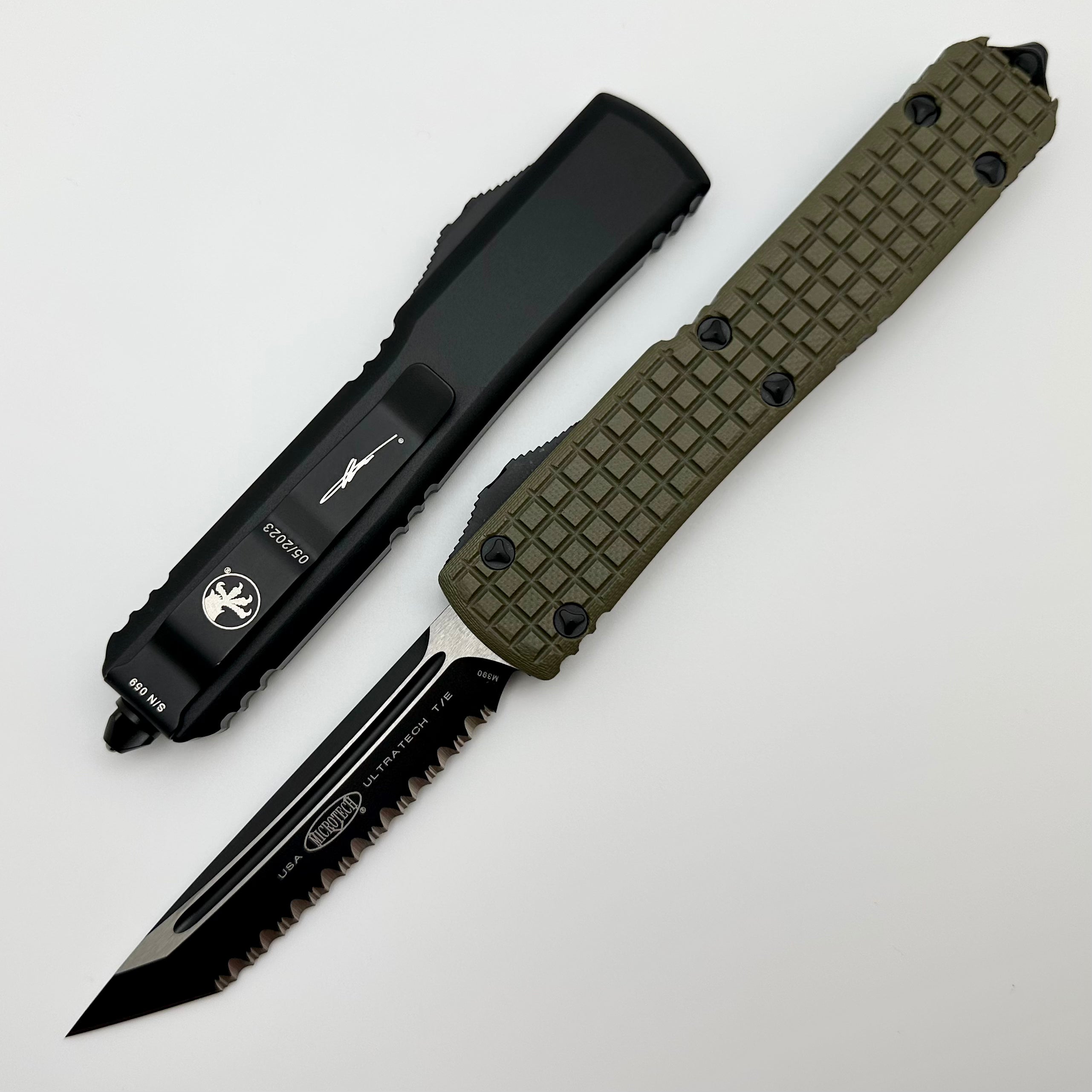 Microtech Ultratech Premium Tactical Knife - OD Green Frag G-10 Top & Tanto Full Serrated Blade