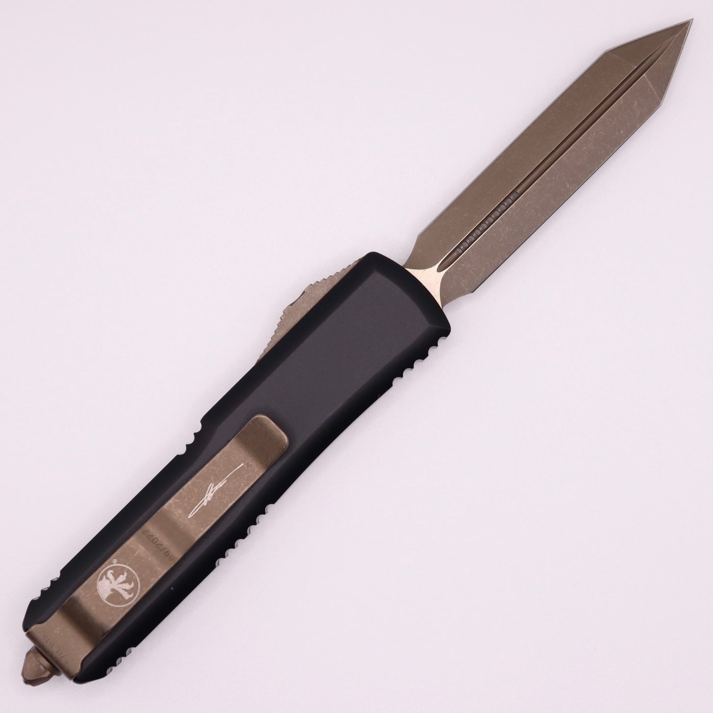 Premium Microtech UTX-85 Spartan Apocalyptic Bronze EDC Knife with Carbon Fiber Top