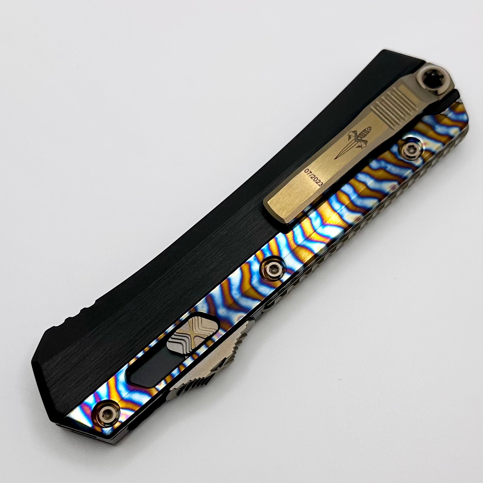 Premium Marfione Custom Glykon Knife - Mirror Polish with Black Aluminum Handle & Flamed Titanium Overlays