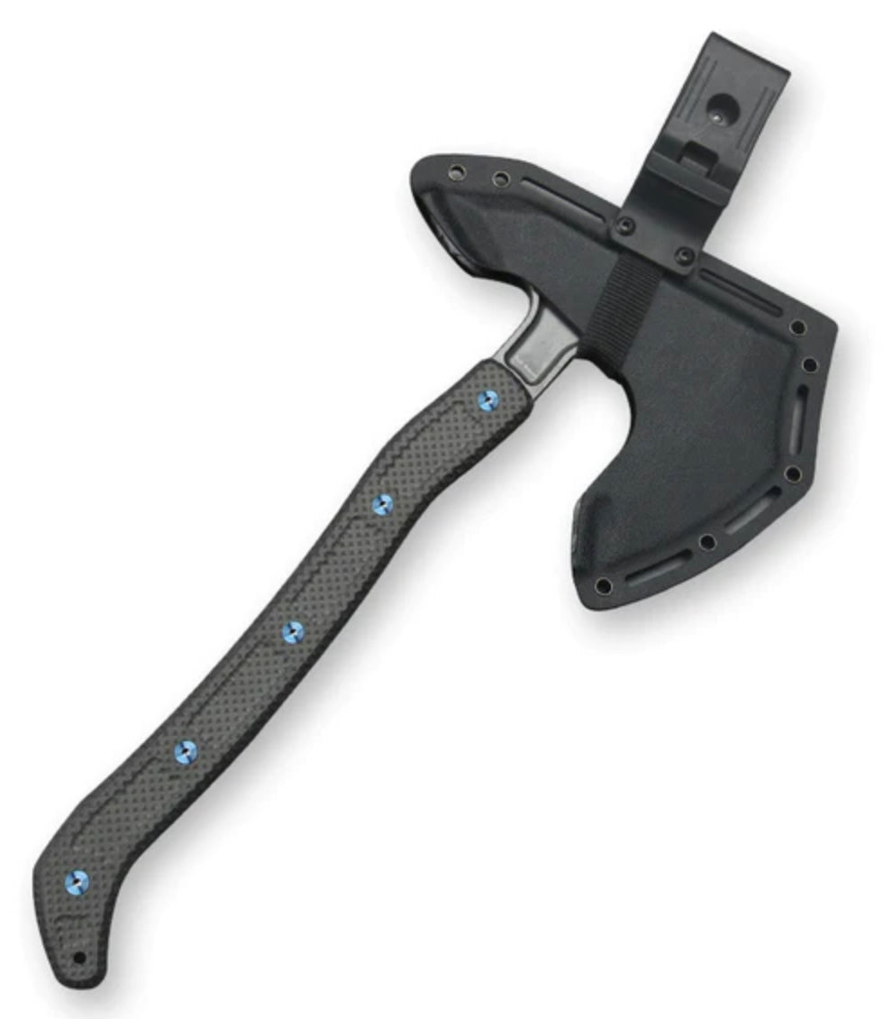 Jake Hoback PS2 Premium Tactical Axe - AEB-L Steel with Carbon Fiber Handle & Blue Anodized Bolts