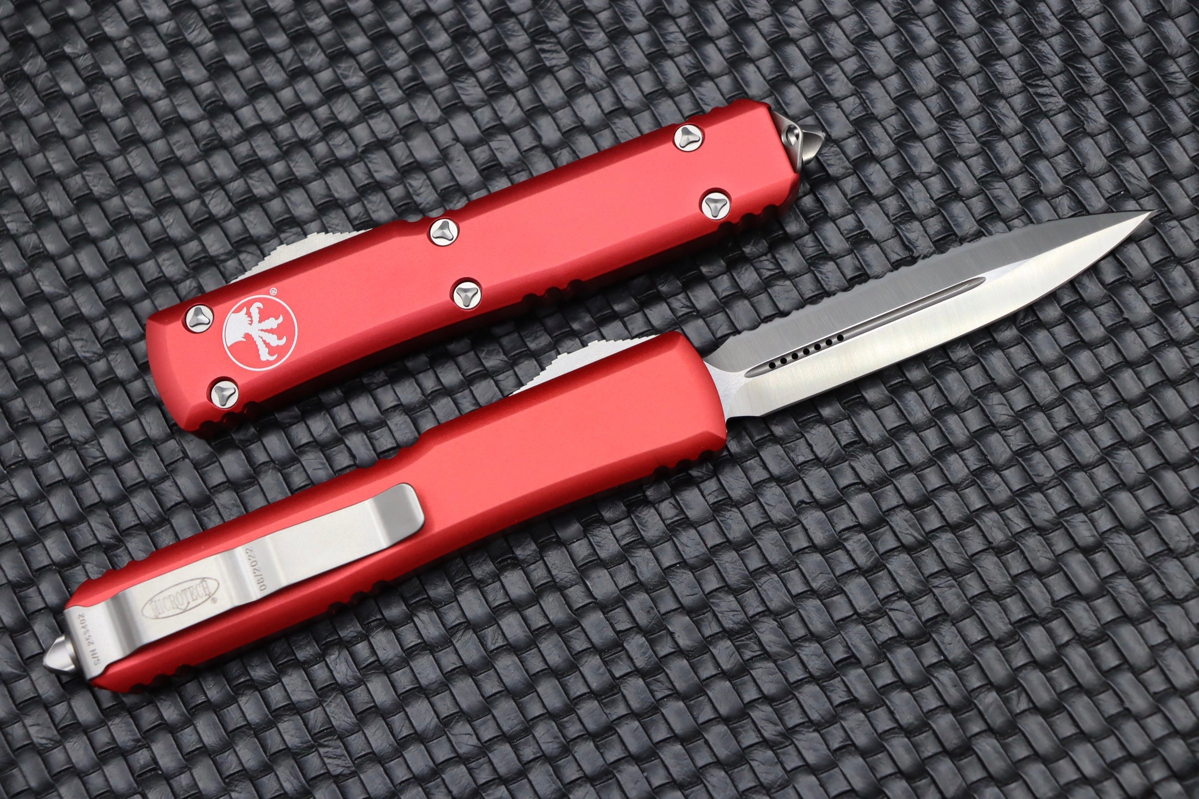 Microtech Ultratech Premium OTF Knife - Double Edge Satin Full Serrated with Red Handle