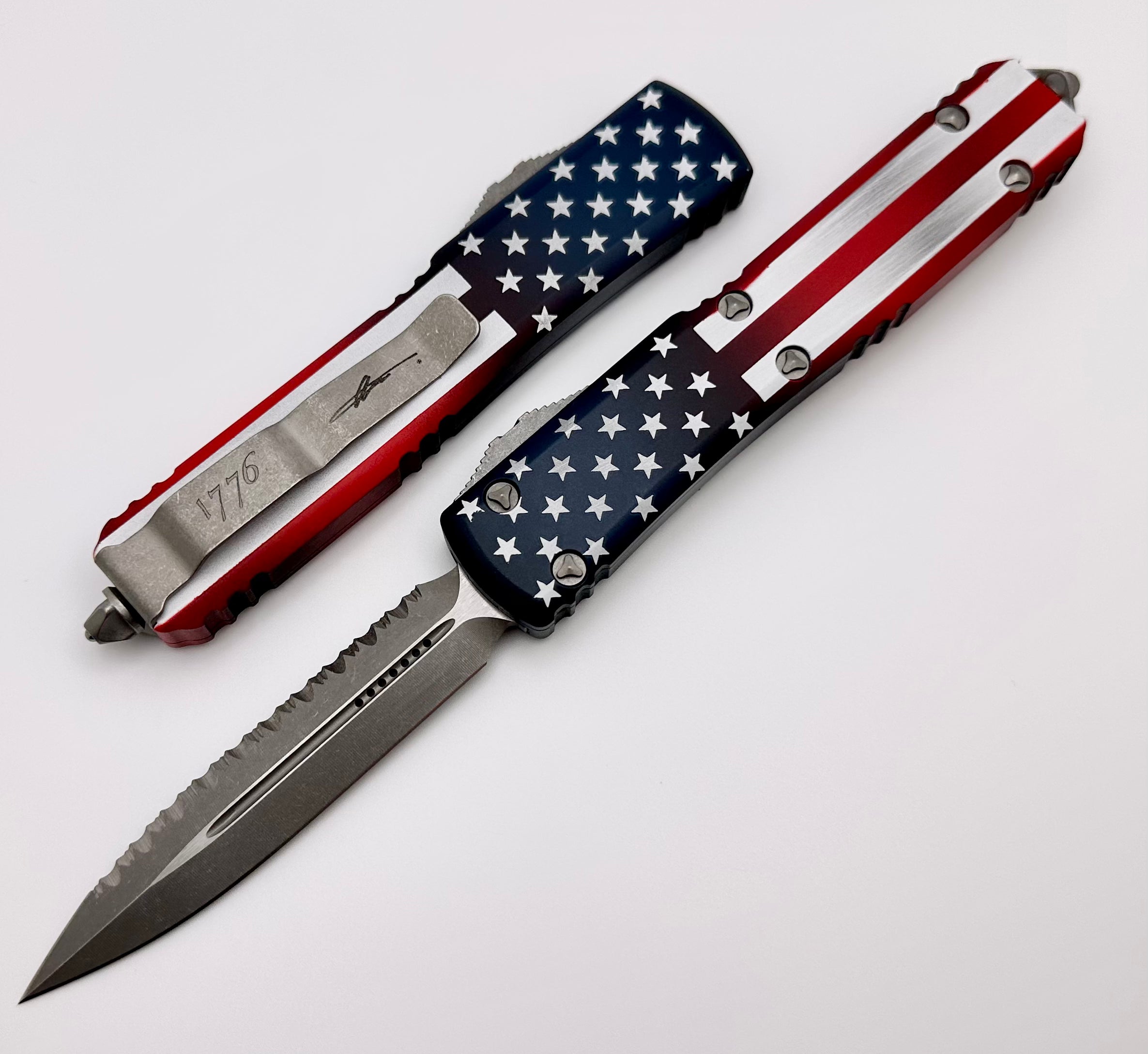 Microtech Ultratech Apocalyptic Full Serrated USA Flag Blade - Premium Tactical OTF Knife