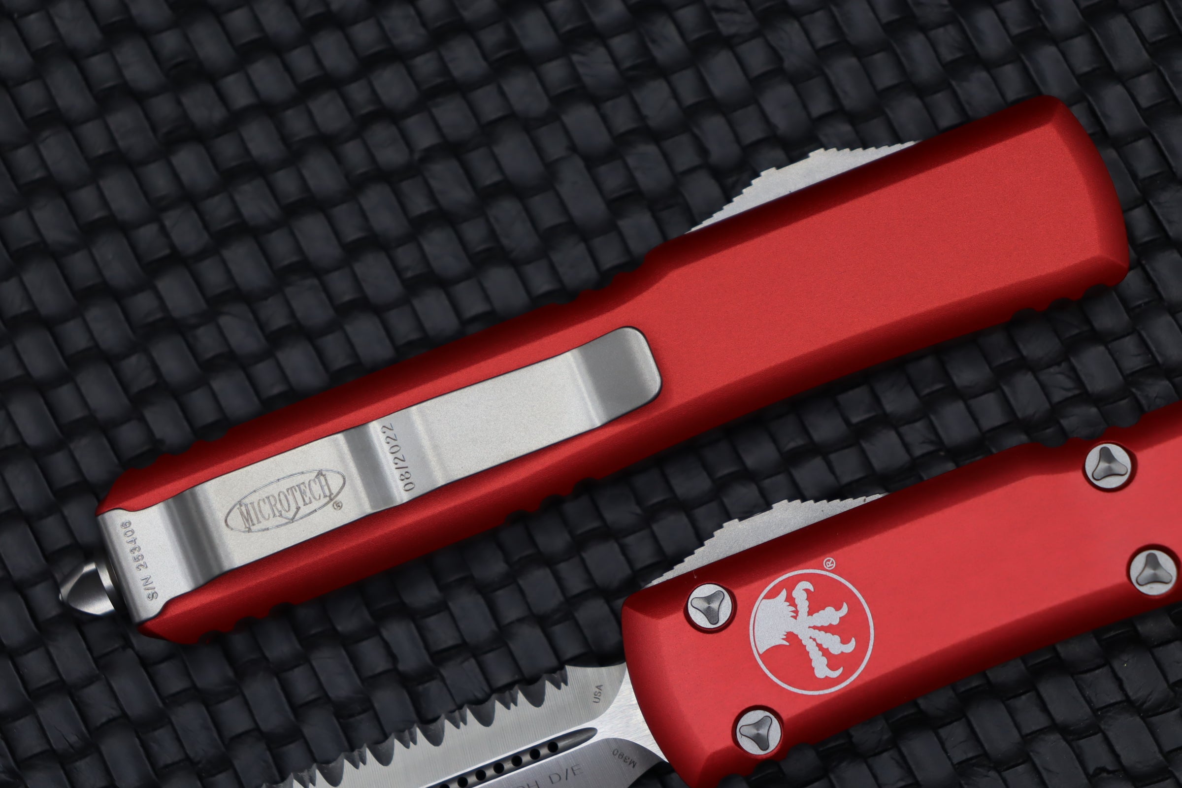 Microtech Ultratech Premium OTF Knife - Double Edge Satin Full Serrated with Red Handle