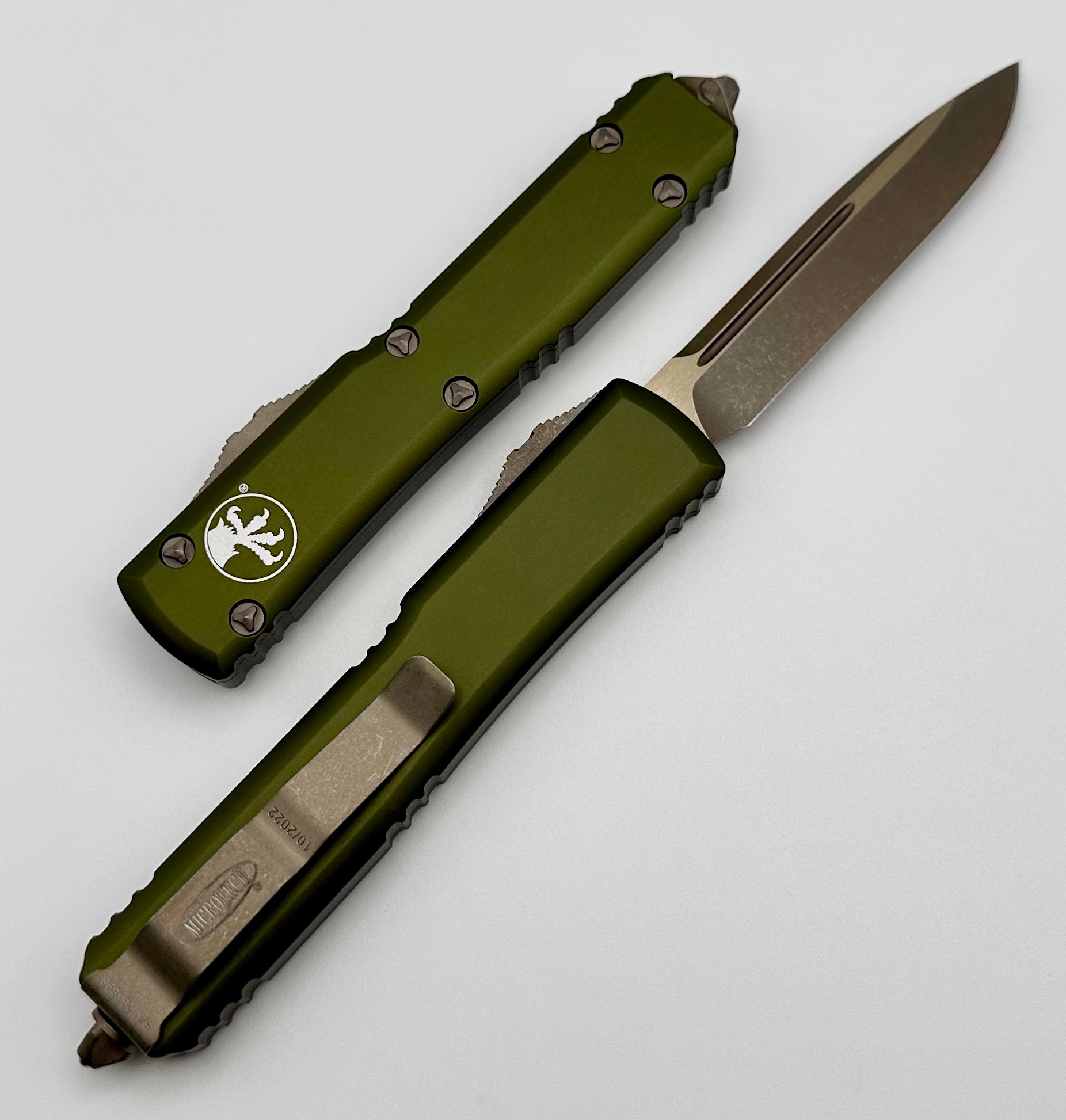 Microtech Ultratech Ultimate Apocalyptic Bronze OTF Knife with OD Green Handle