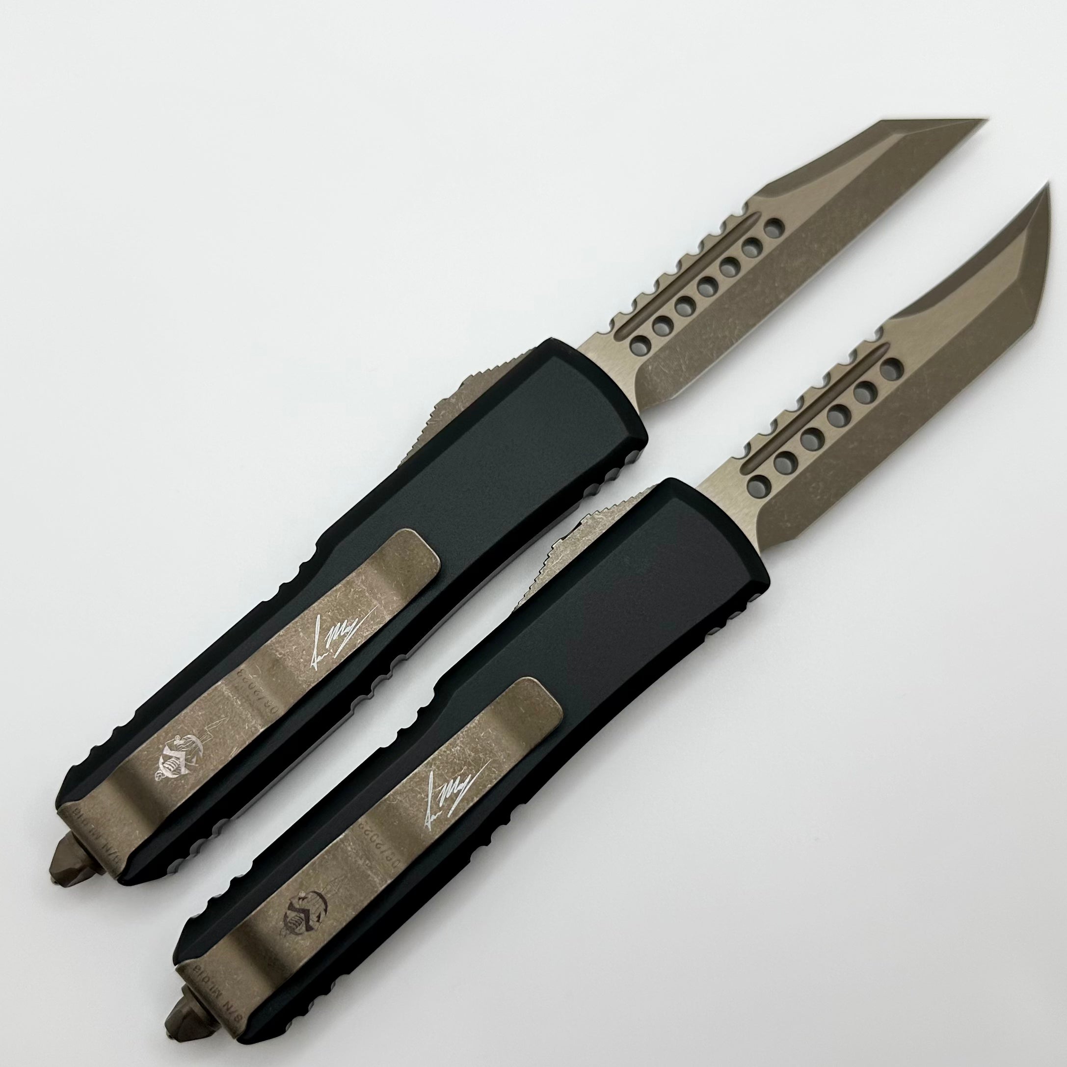 Microtech UTX-85 Signature Series: Premium Molon Labe Hellhound & Warhound Set in Bronze Apocalyptic Finish