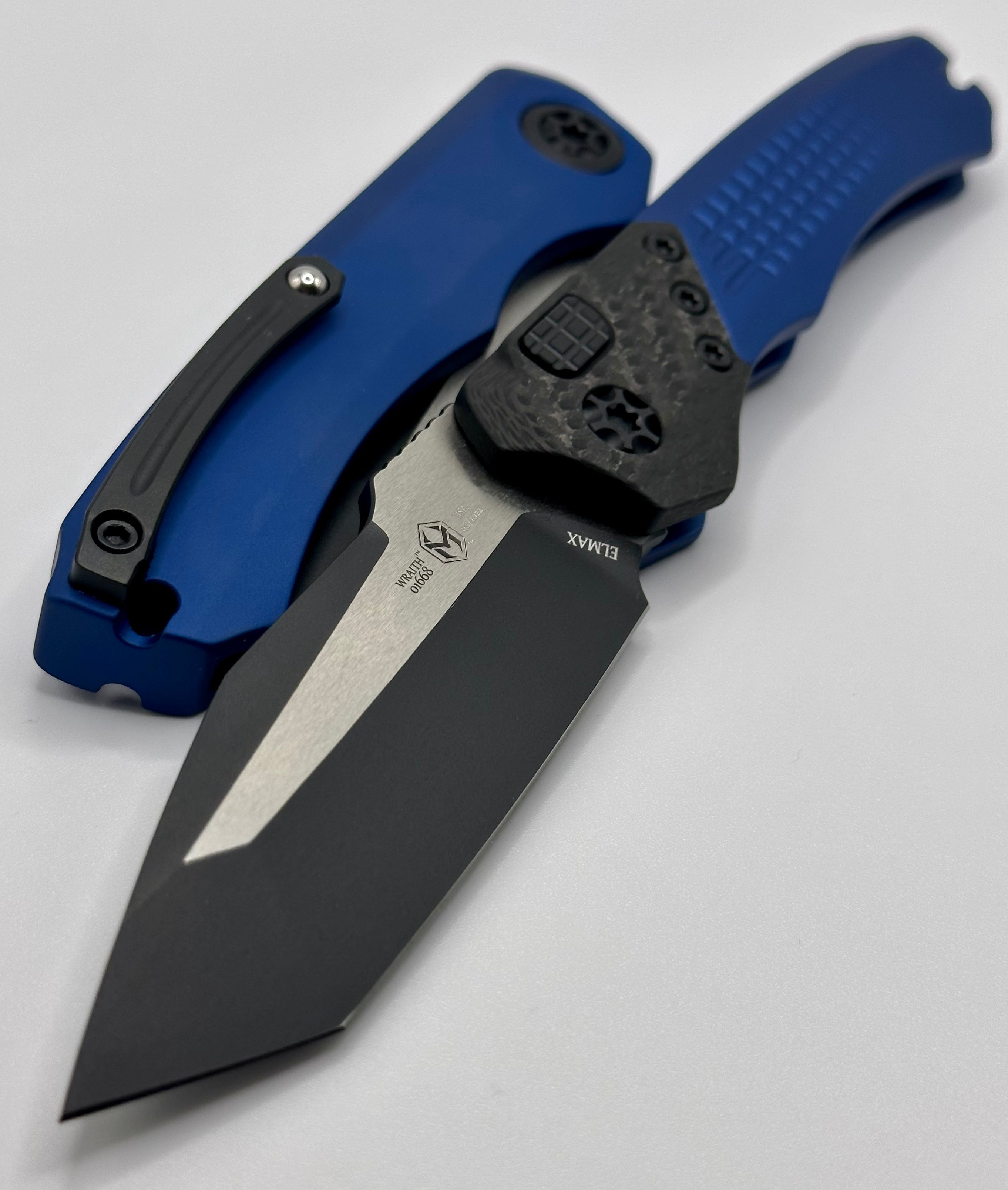 Heretic Knives Wraith Auto Two Tone Black Tanto - Premium Carbon Fiber & Blue Handle