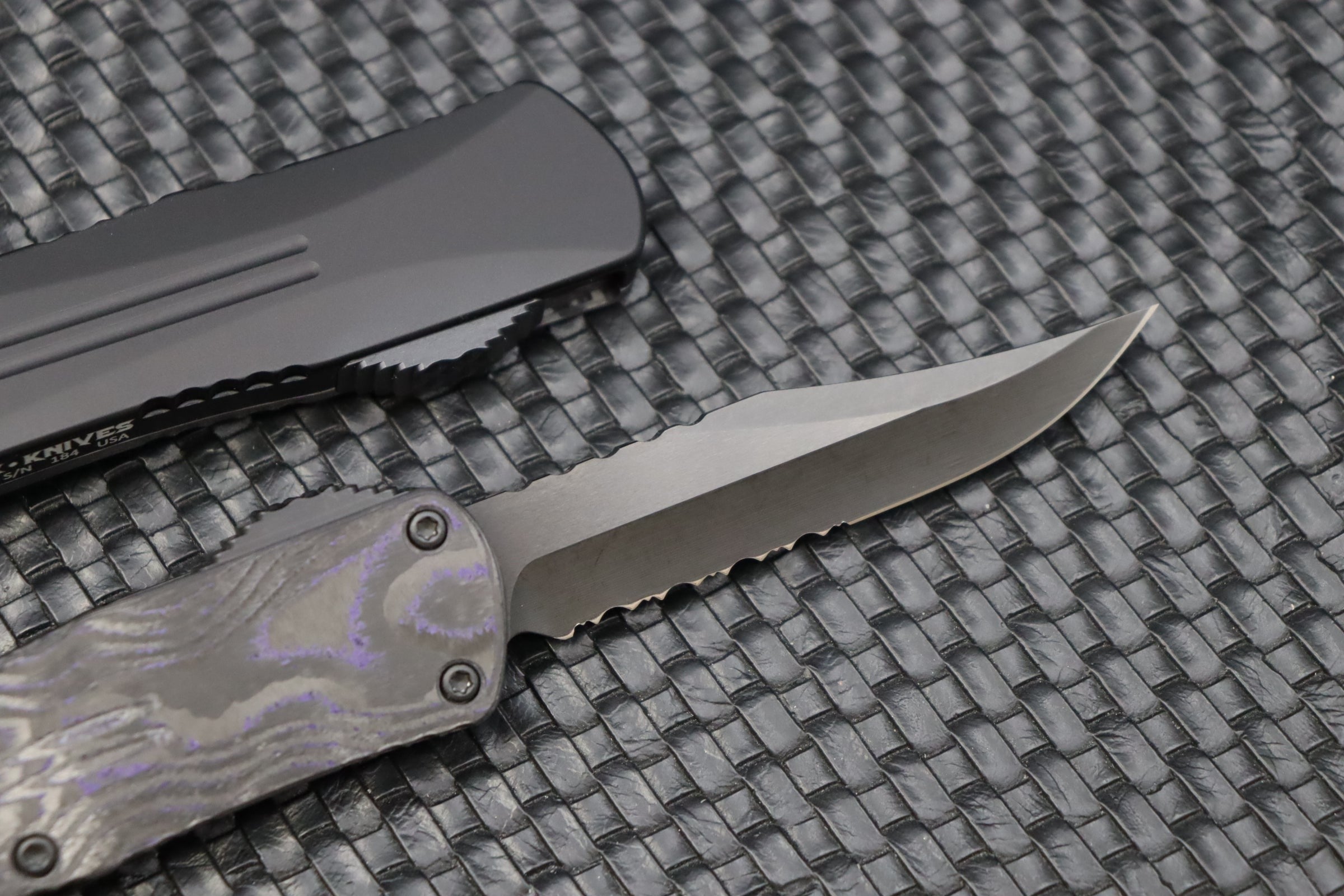 Heretic Knives Manticore E Serrated Bowie Tactical OTF Knife - DLC & Purple Camo Carbon