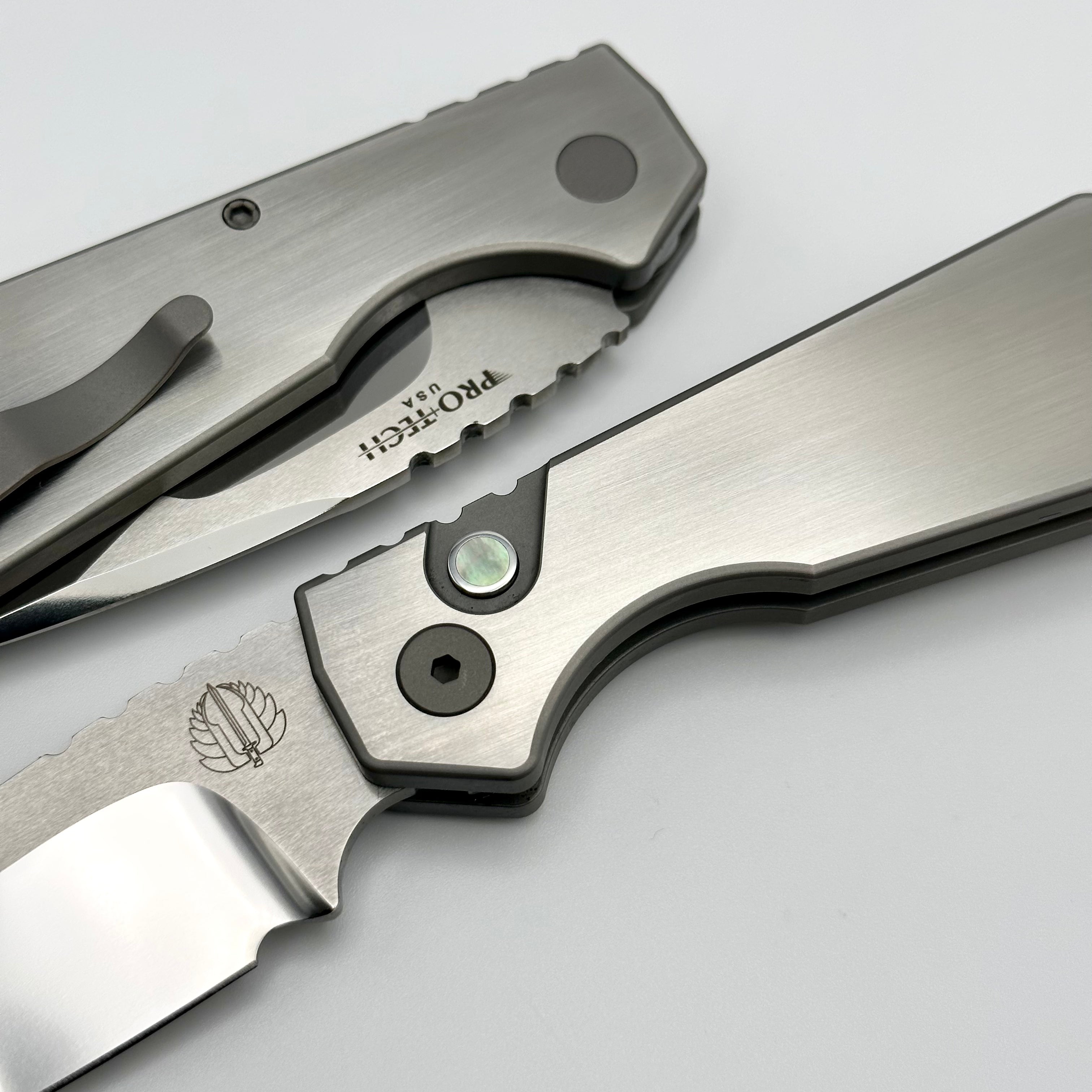 Pro-Tech PT Plus Custom Knife - Premium Satin/Blasted Handle with Black Lip Pearl Button & Mirrored Blade