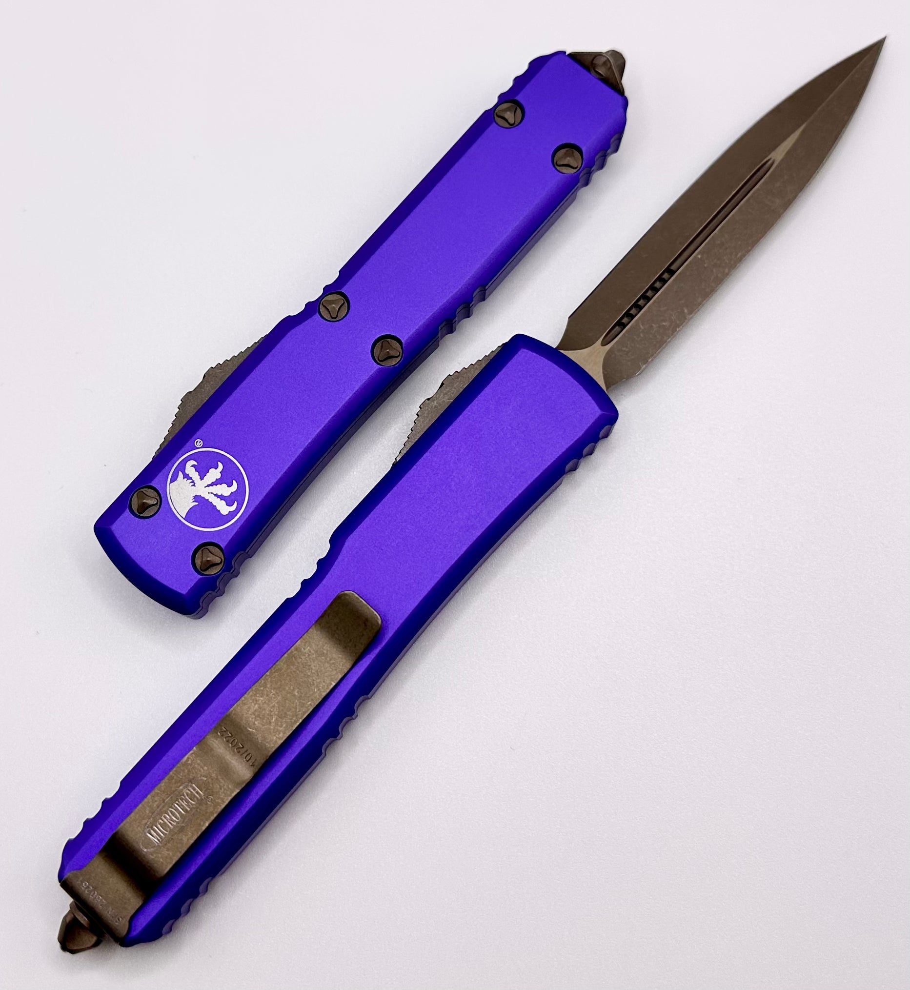 Premium Microtech Ultratech Bronze Apocalyptic & Purple Double Edge Knife