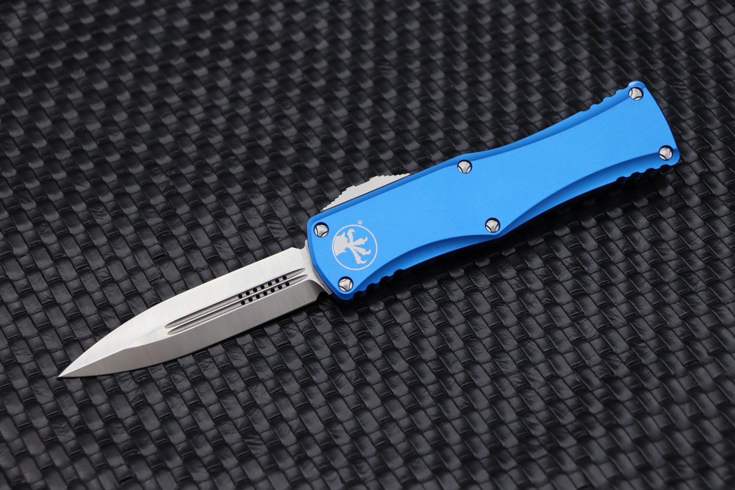 Premium Microtech Hera Double Edge Knife - Satin & Blue Finish