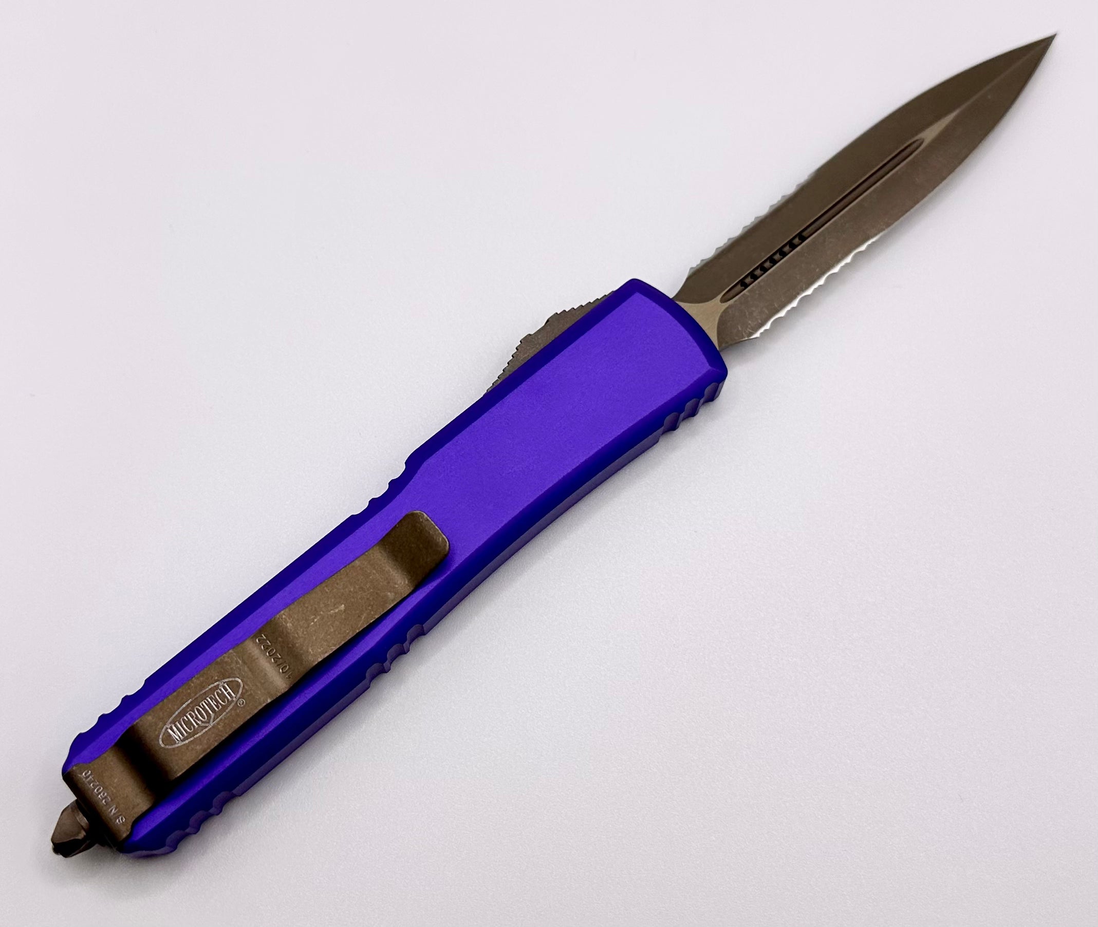 Premium Microtech Ultratech OTF Knife - Bronze Apocalyptic & Purple Double Edge