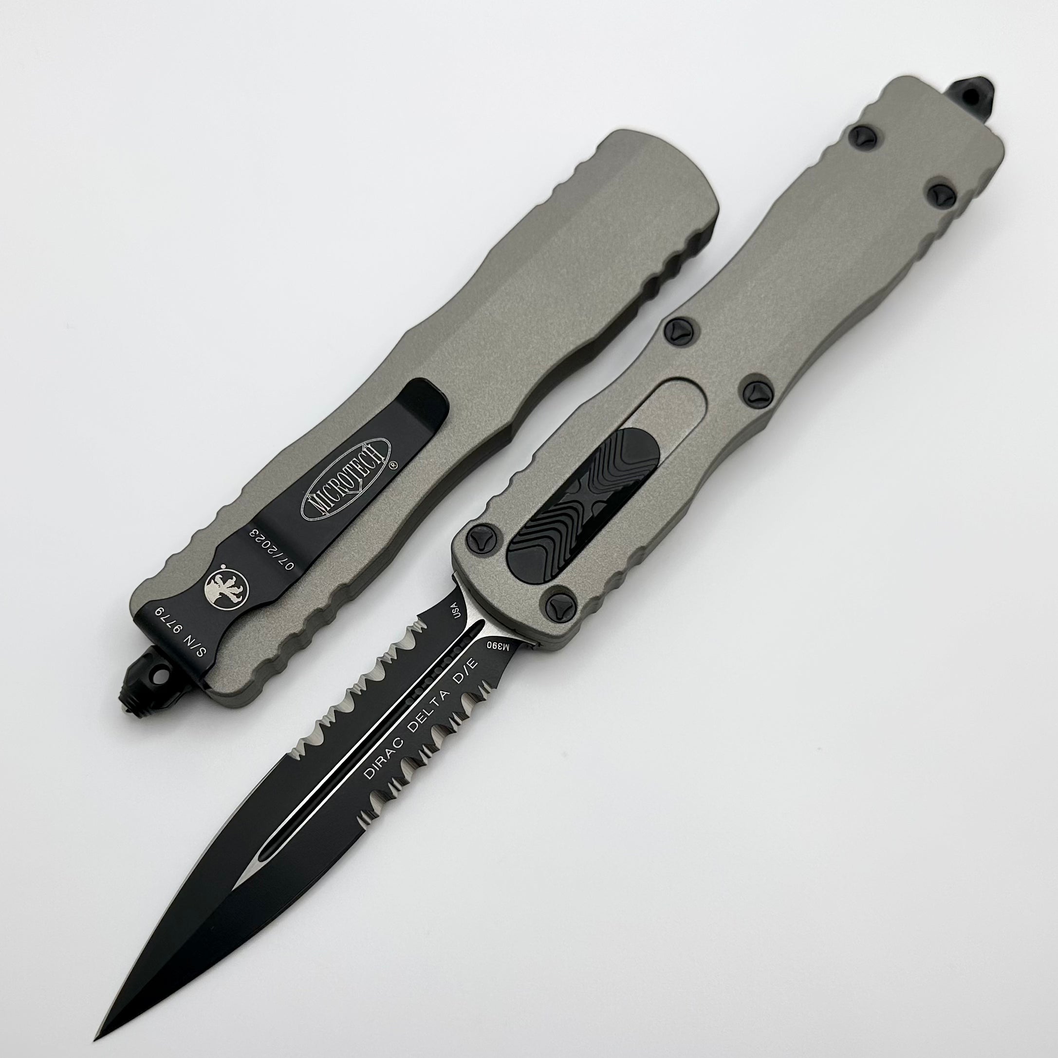 Microtech Dirac Delta Premium OTF Knife - Double Edge, Partial Serrated, Titanium Gray