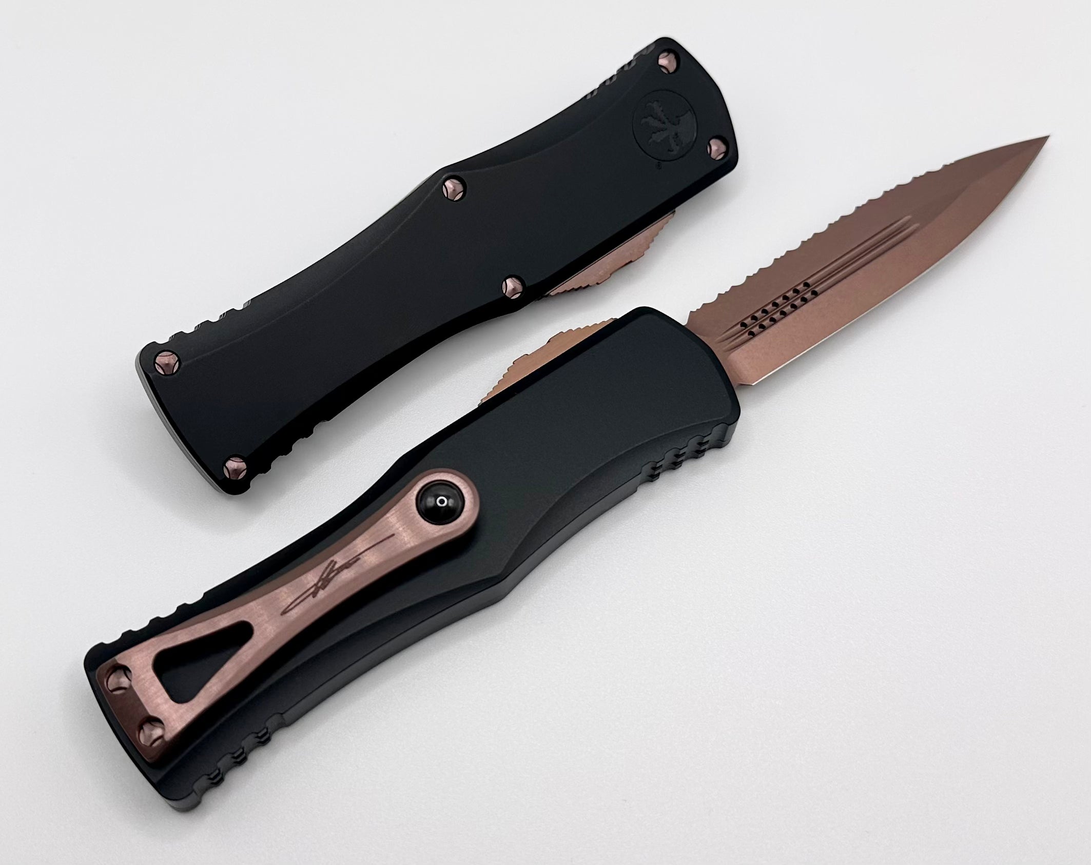 Microtech Hera Premium Deep Engraved Tactical Knife - Black & Rose Gold PVD, Fully Serrated Edge