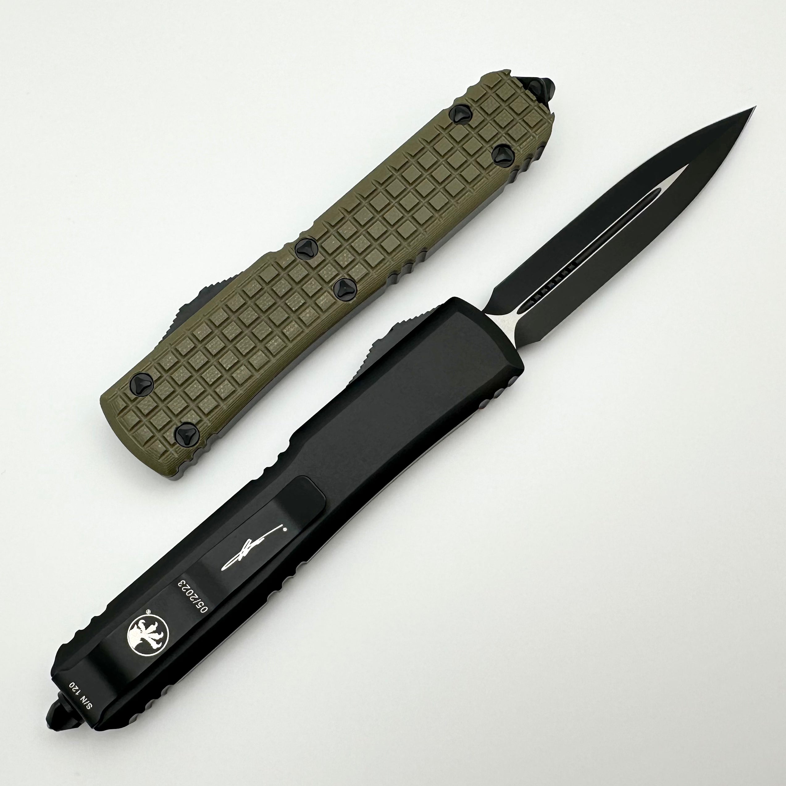 Microtech Ultratech Tactical Knife - OD Green Frag G-10 Top, Double Edge Signature Series