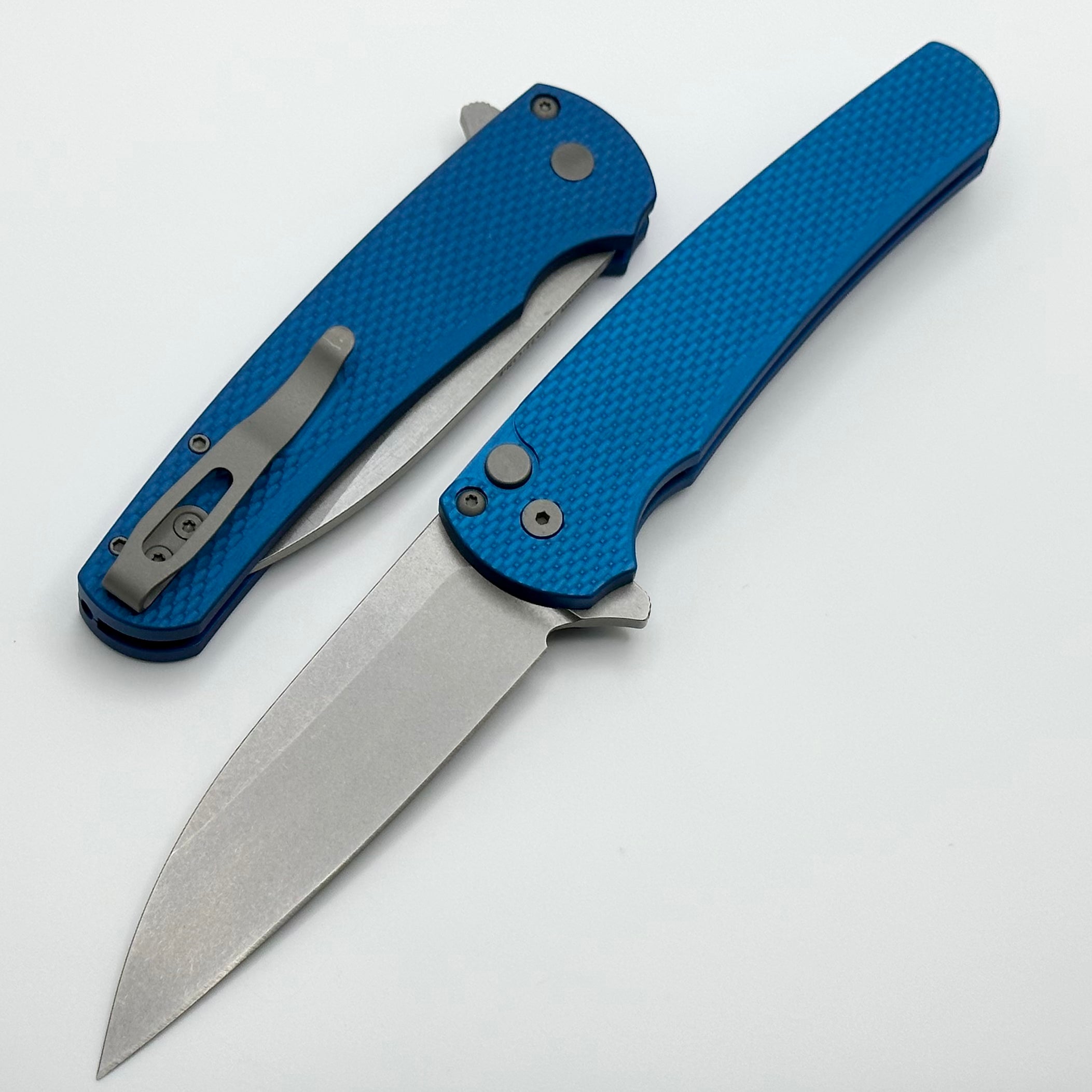 Pro-Tech Malibu Premium Wharncliffe Knife with Textured Blue Handle & Stonewash MagnaCut Blade