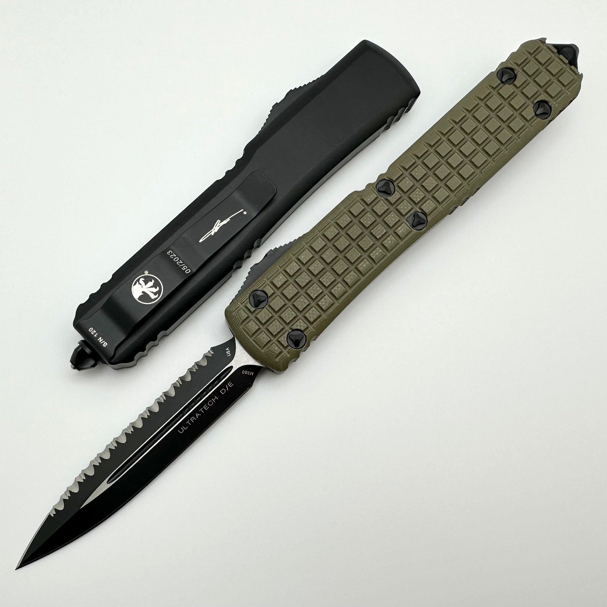 Microtech Ultratech Tactical Knife - OD Green Frag G-10 Top, Double Edge Serrated Blade