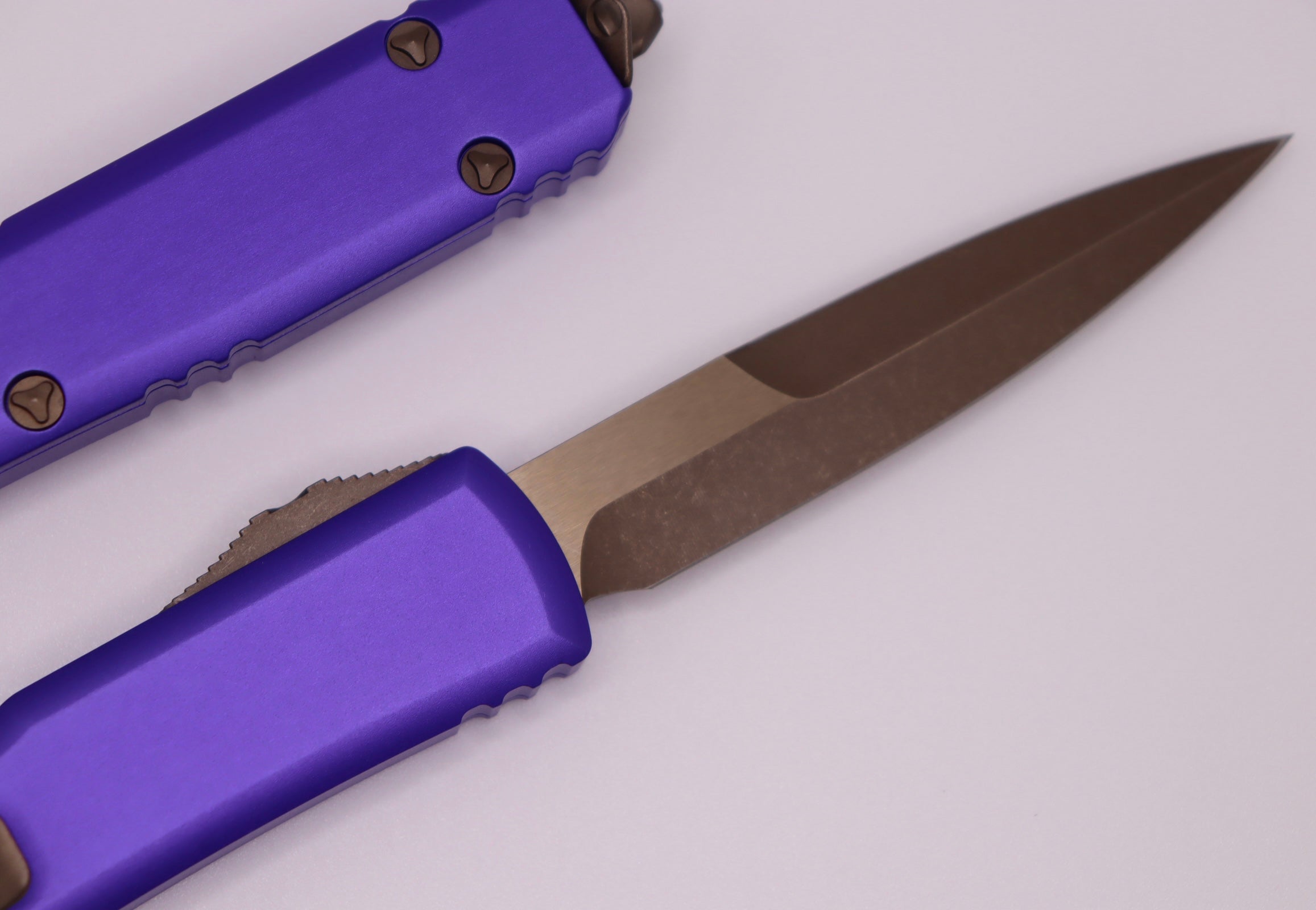 Premium Microtech Ultratech Bronze Apocalyptic OTF Knife with Purple Handle