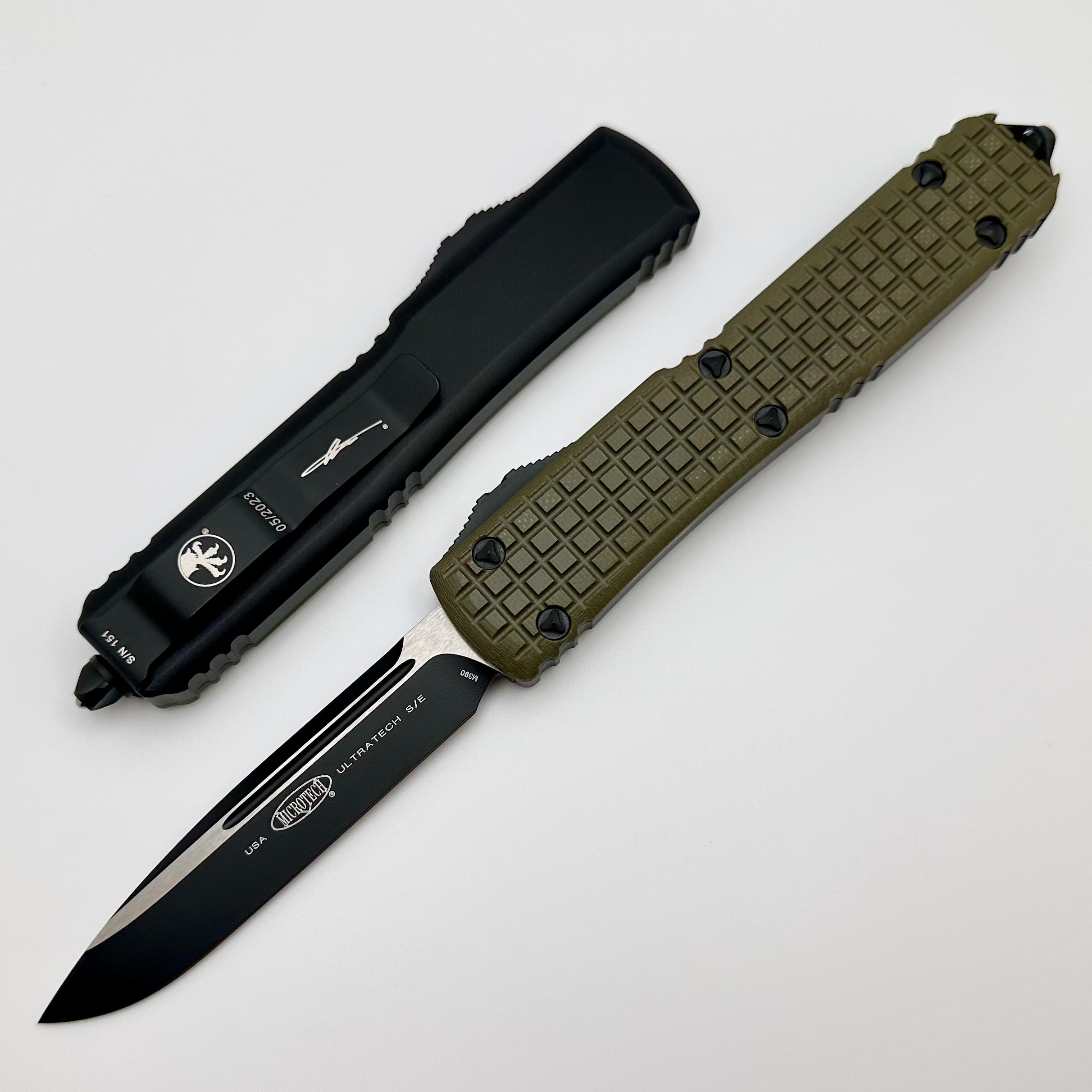 Premium Microtech Ultratech Tactical OTF Knife - OD Green Frag G-10 Top Signature Series